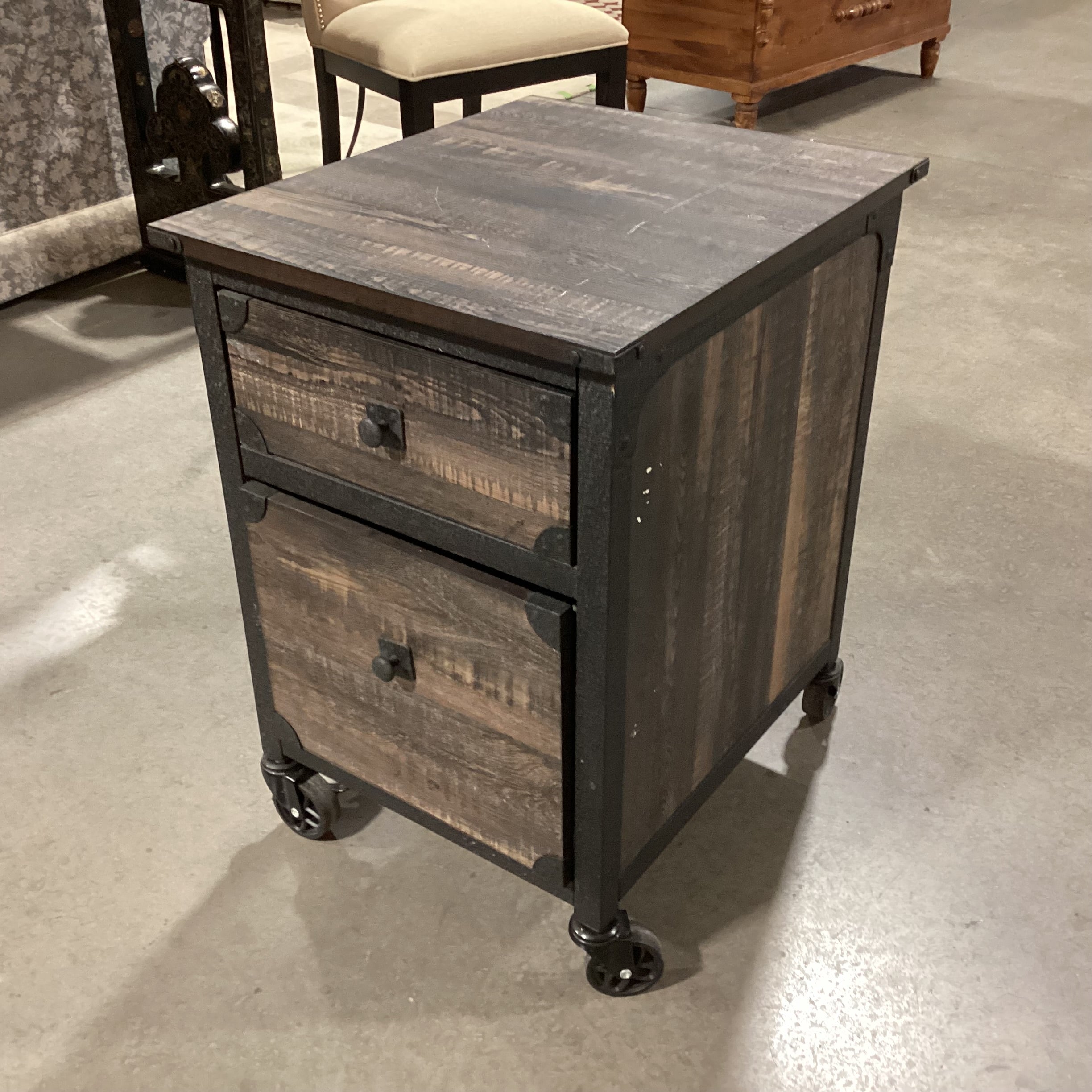Carbon Oak Wood Style Laminate & Metal on Casters 2 Drawer End Table 18"x 21.5"x 26.5"