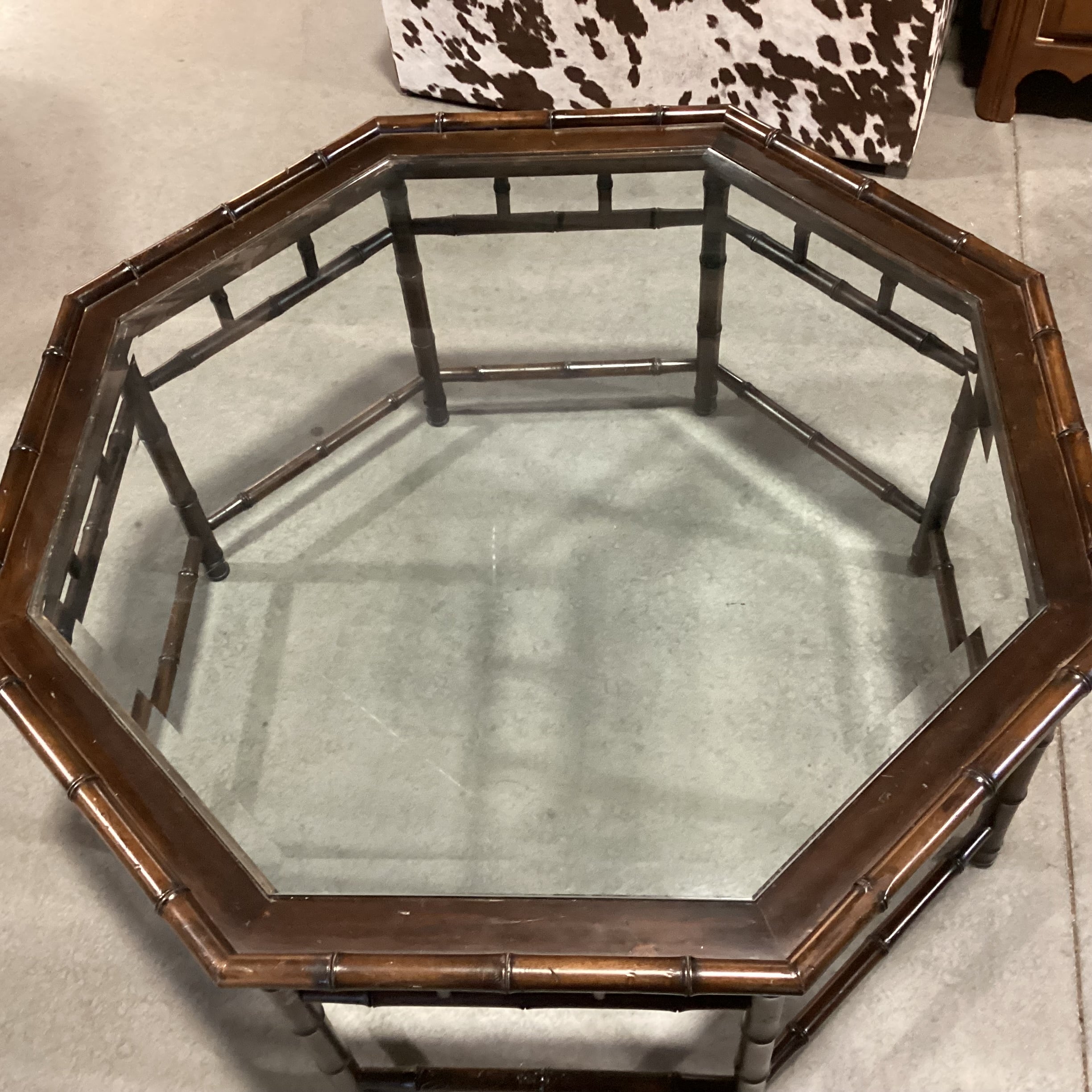 Vintage Hollywood Regency Bamboo Style Wood & Glass Octagonal Coffee Table 40.5"x 40.5"x 20"