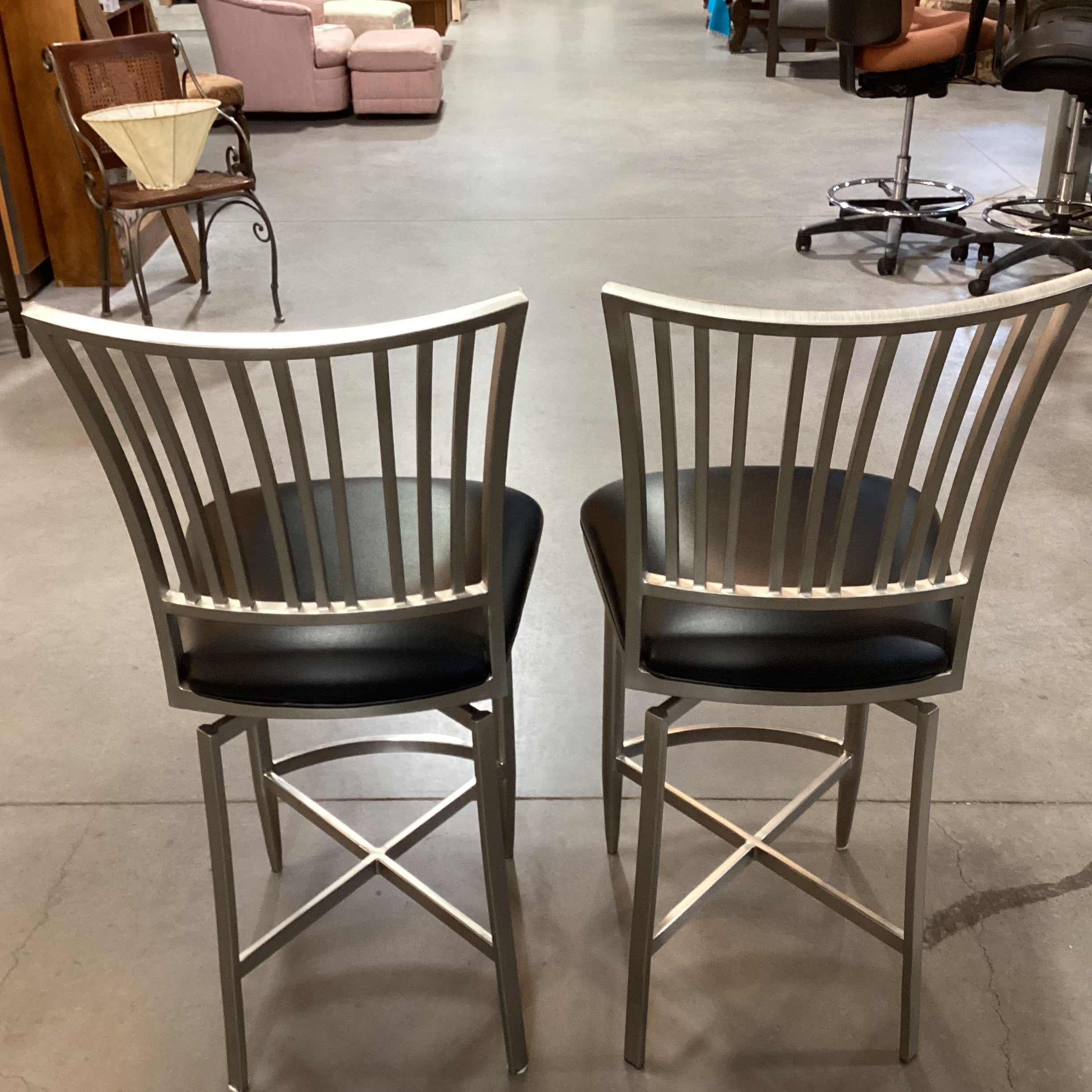 SET of 2 Ashtyn Brushed Nickel Finish Metal & Black Faux Leather Return Swivel Barstools 26"