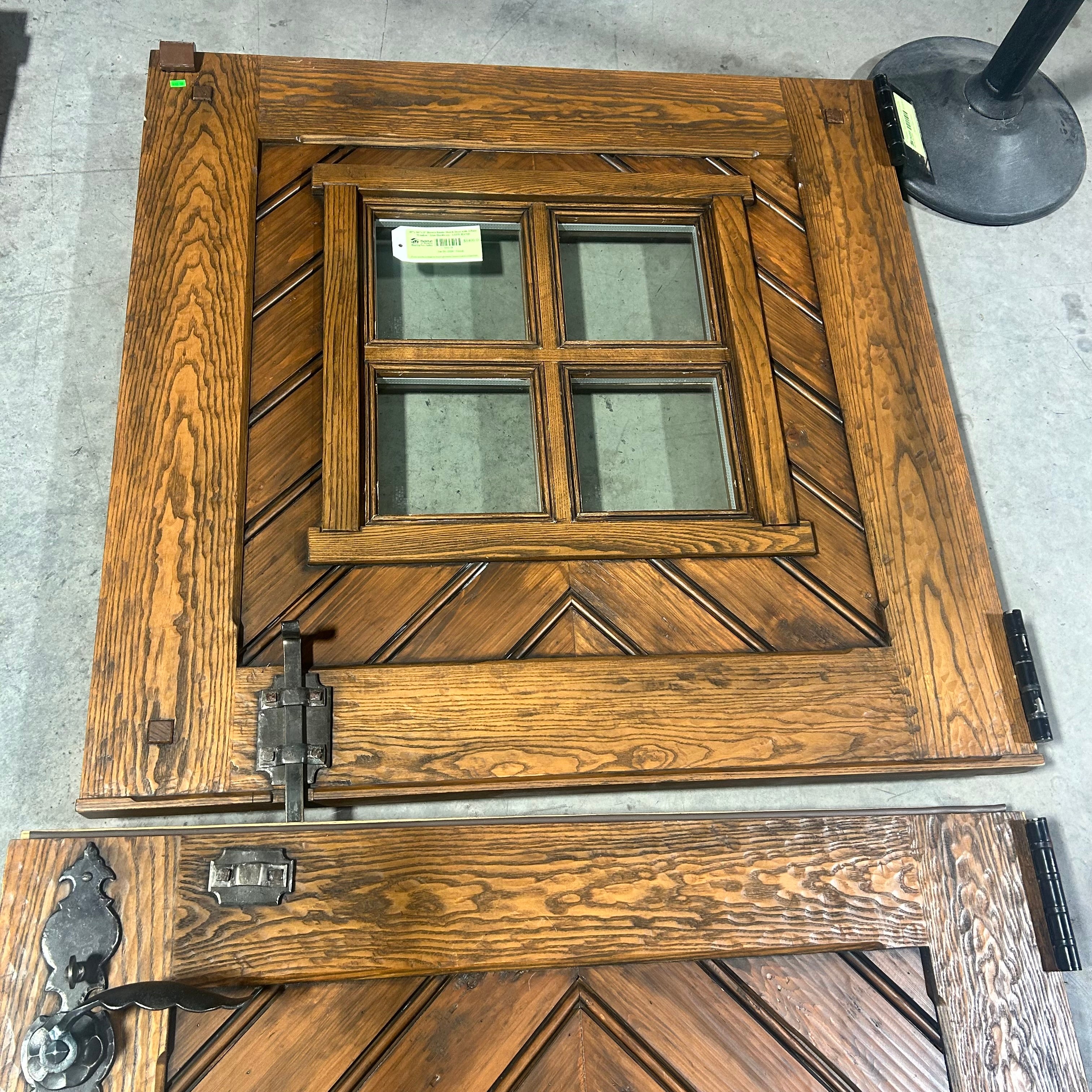 42"x 86"x 3" Brown Rustic Dutch Door with 4 Pane Window / Iron Hardware / LEFT HAND
