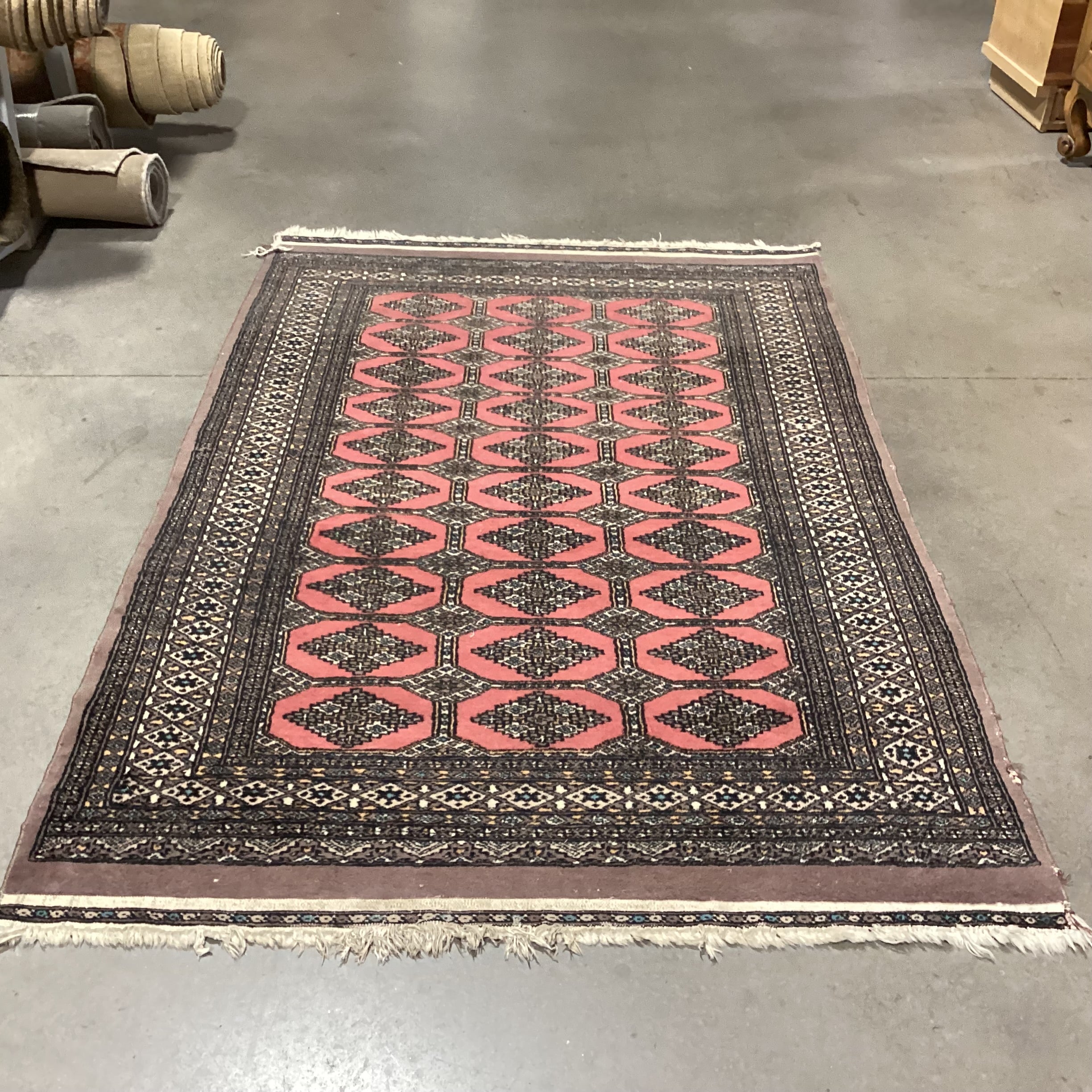Vintage Pakistan Red Blue Brown Hand Woven Wool Rug 4'3"x 6'7"