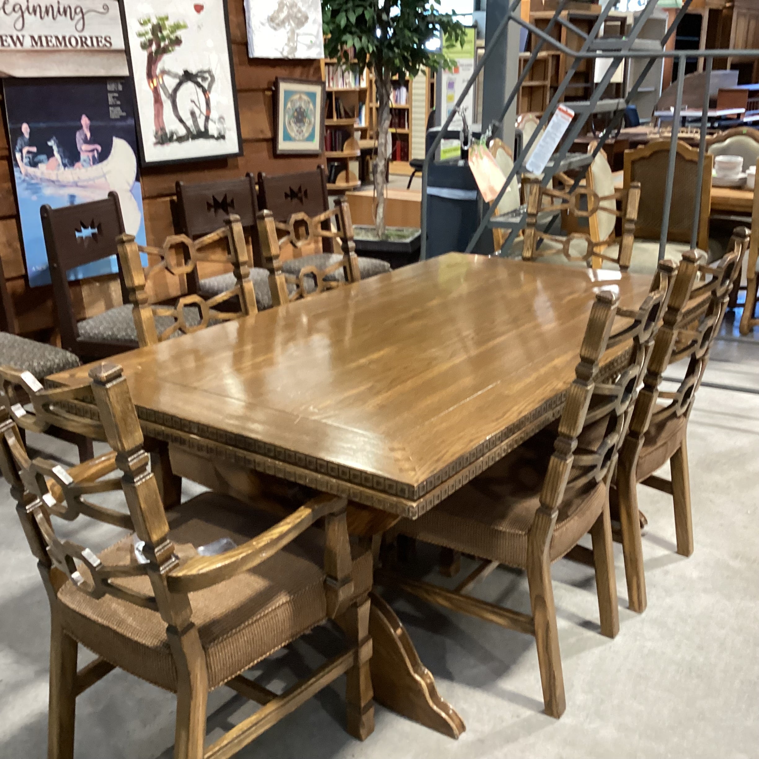 Vintage Antique Carved Oak with Trestle Table & 6 Chairs Dining Set 72"x 40"x 30"