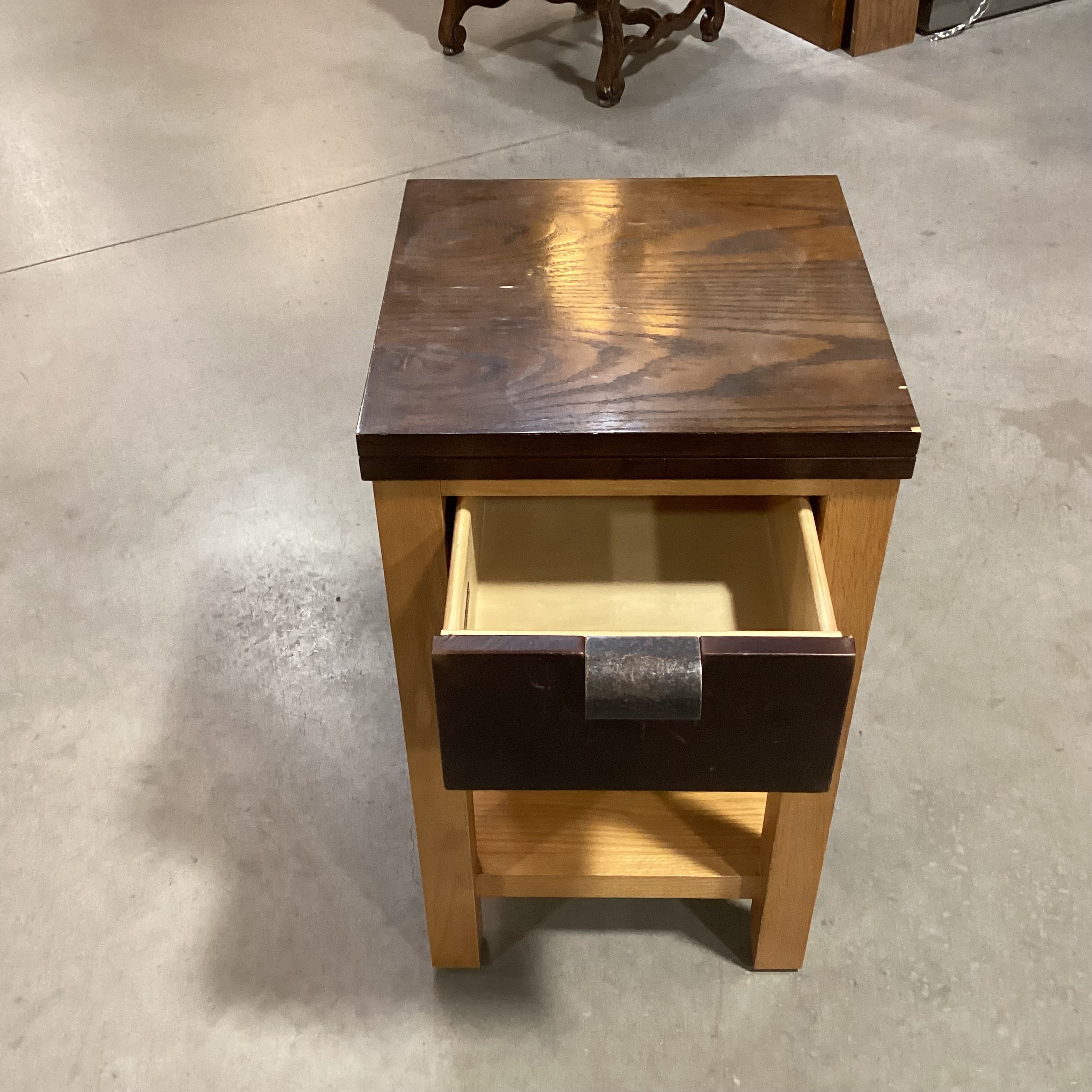 Mark David Dark 2 Tone Wood & Veneer with Leather Drawer End Table 16"x 16"x 28"