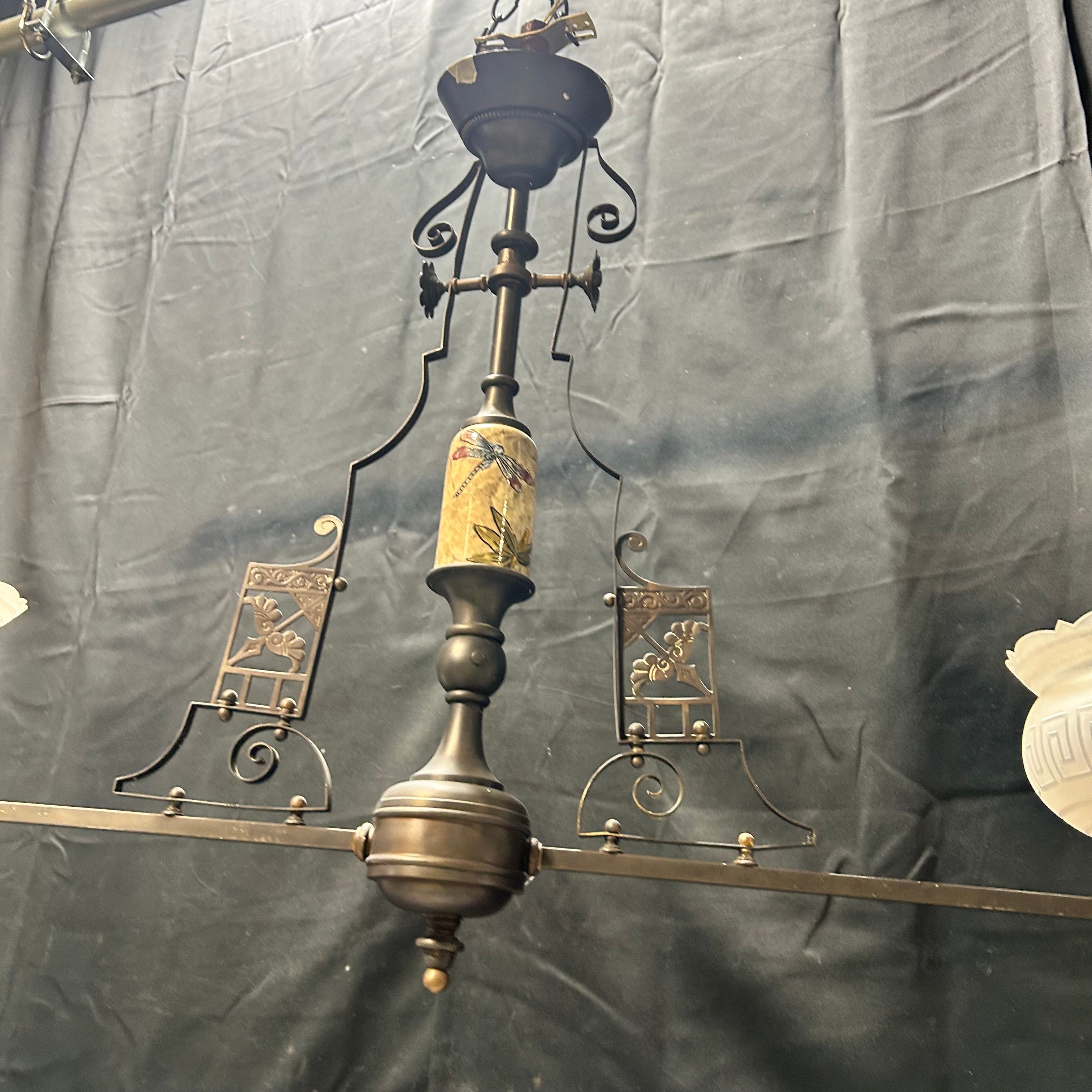 Early Circa 1900 2 Light East Lake Detailing With Ceramic Painted Dragonfly etched Glass 40"x 28"
