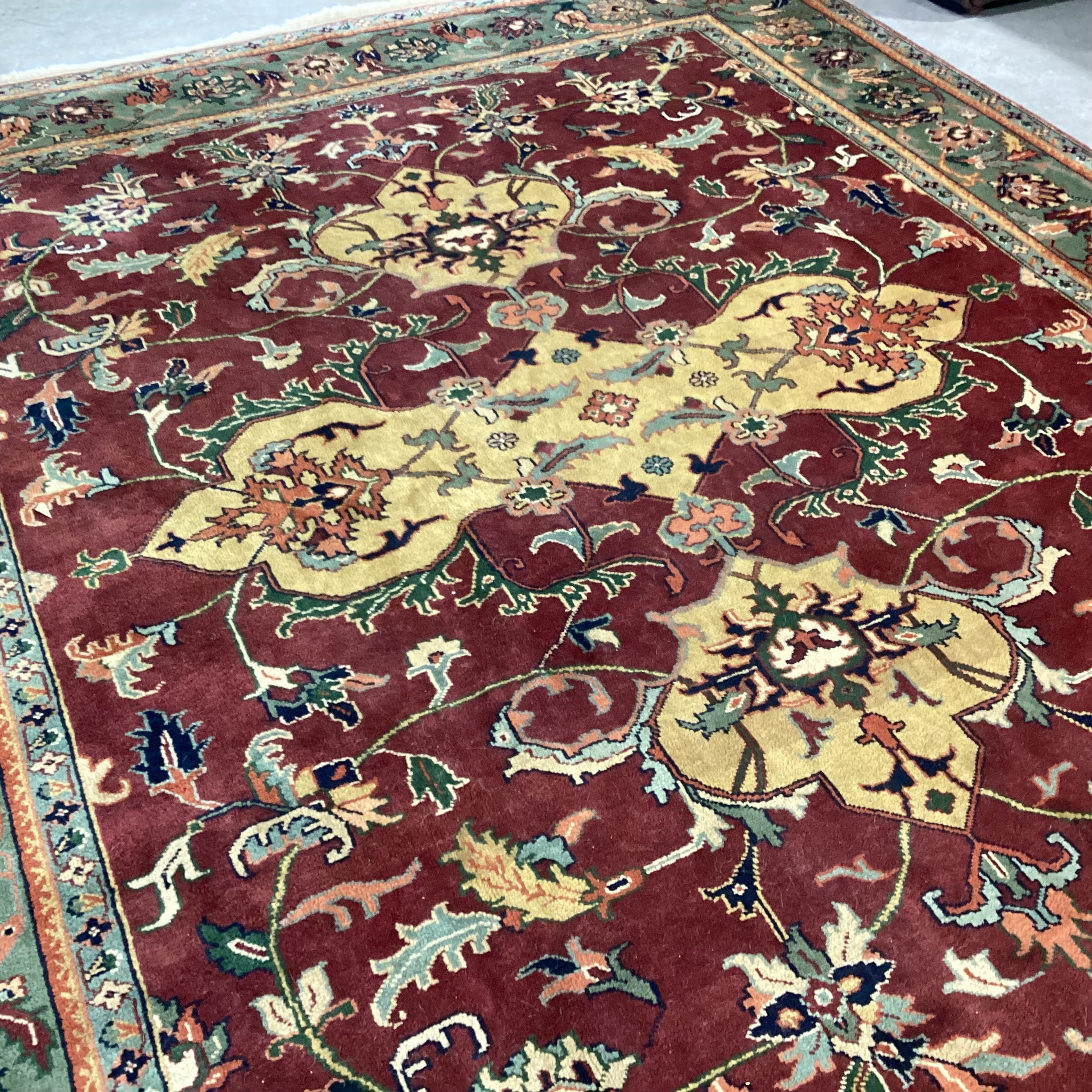 Vintage Burgundy Green & Gold Hand Woven Wool Rug 8'x 10'