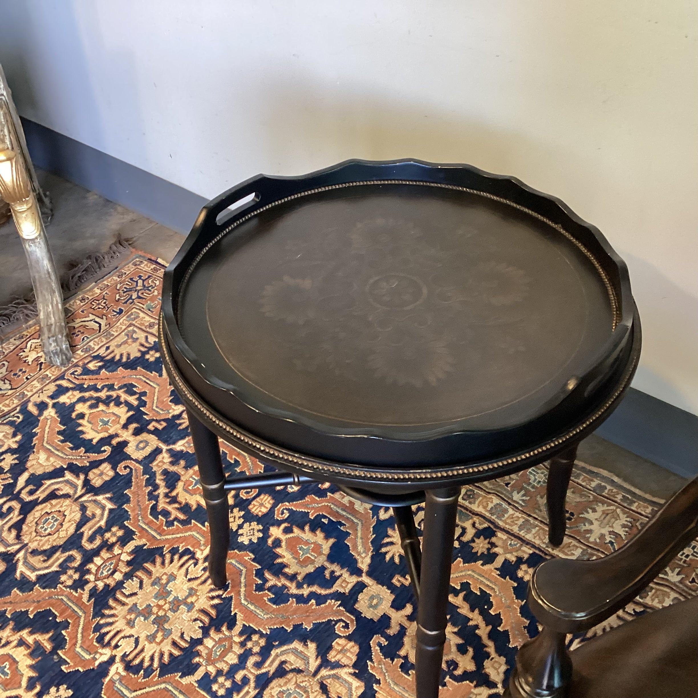 Black Distressed Wood with Ornate Trestle & Metal Beading Detail Round Tray Top Accent Table 26" Diameter x 26.5"