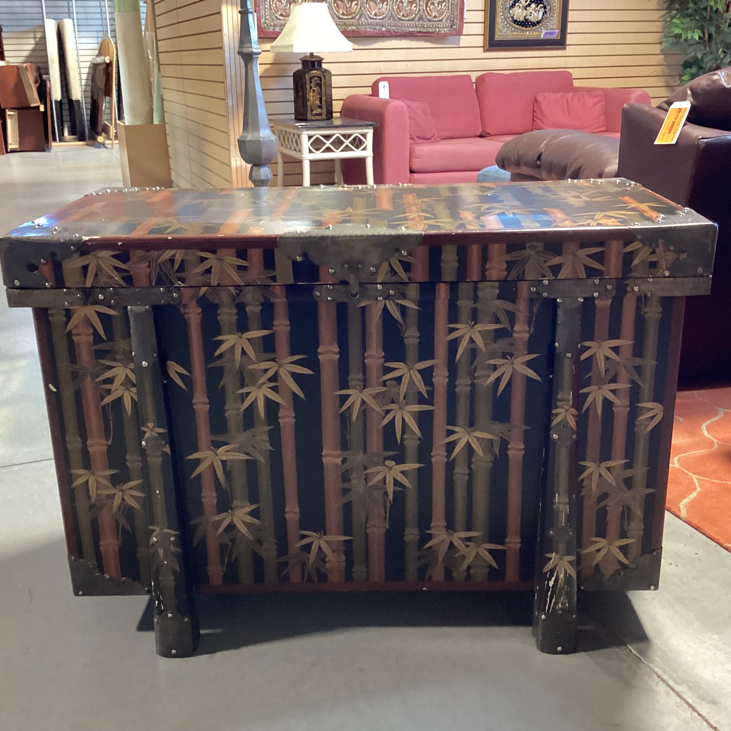 Asian Bamboo & Leaf Design with Metal Accent & Silklined Trunk 40"x 20"x 27"