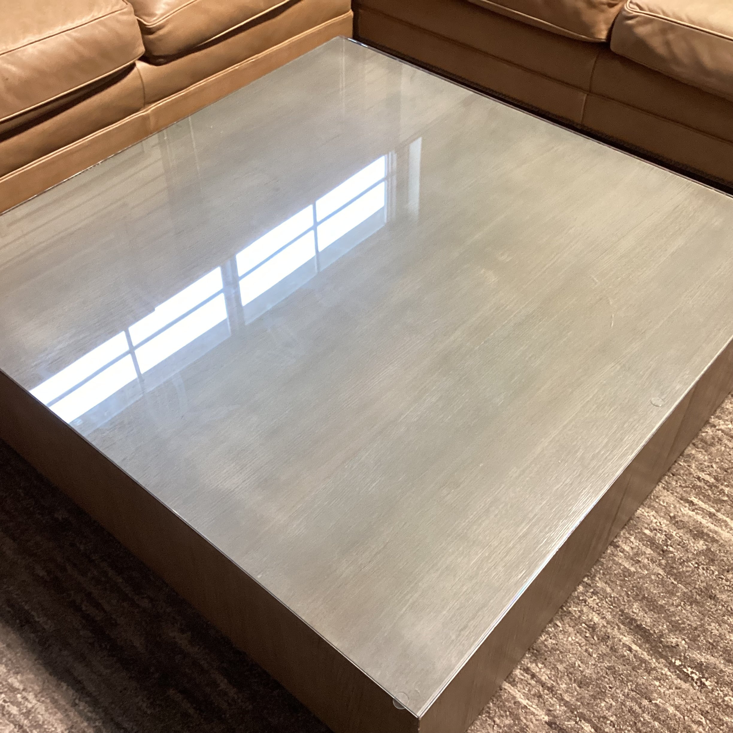 Modern Grey Sage Finished Oak & Glass Top Coffee Table 48"x 48"x 14.5"