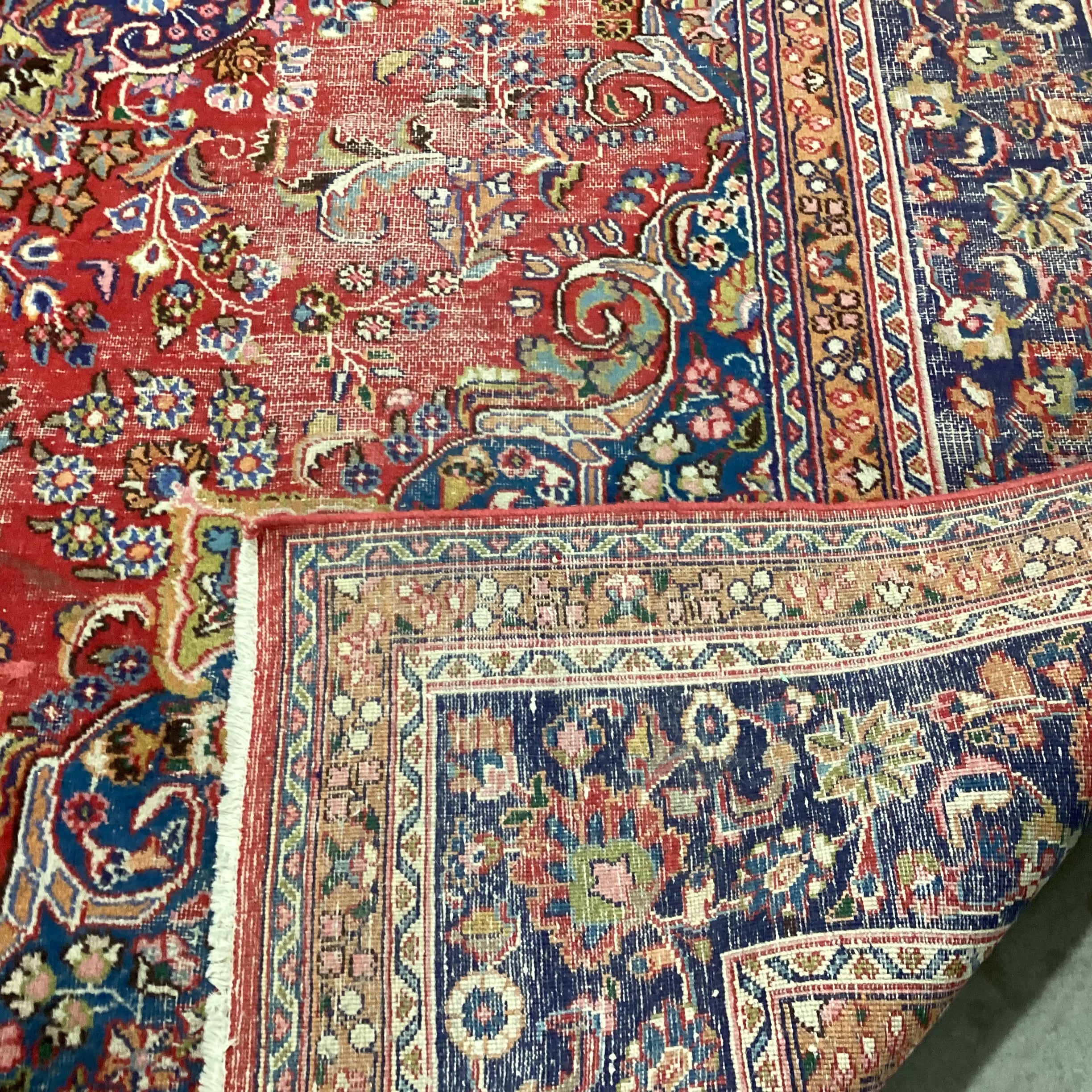 Vintage Red Blue Hand Knotted Wool Rug 11&#39;x 13&#39;