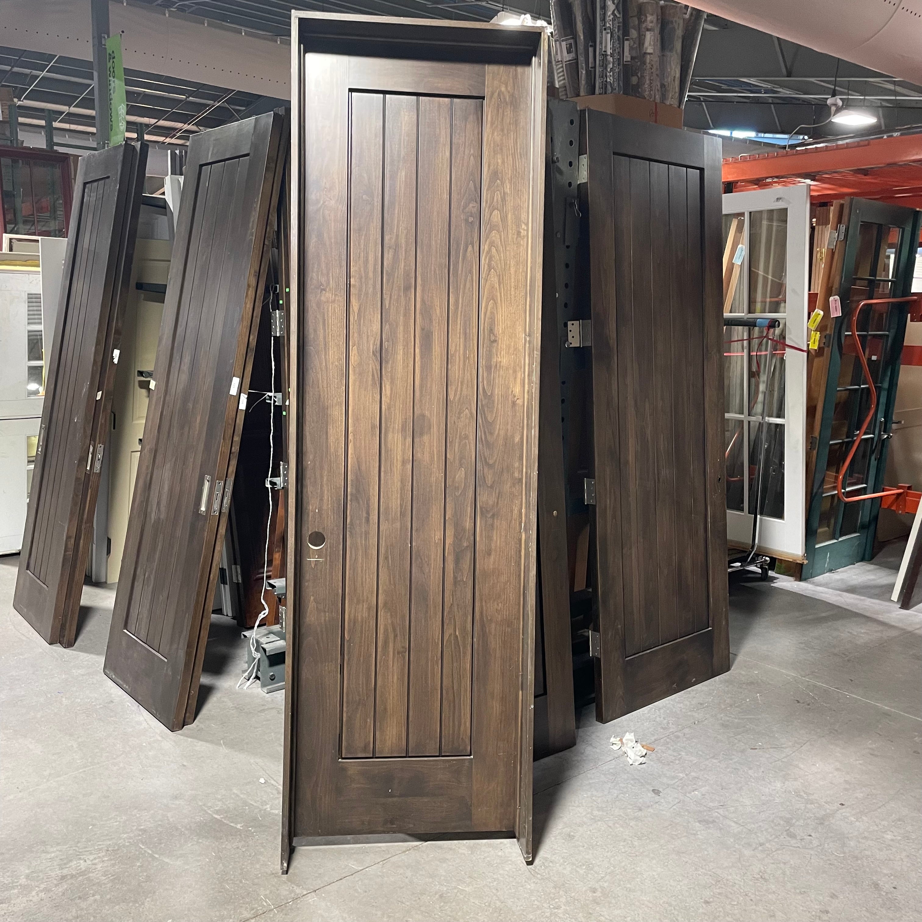 27.75"x 96"x 1.75" Rough Opening is 29.5"x 98.25"x 6.75" Brown Vertical Lined Walnut Interior Door with Jamb