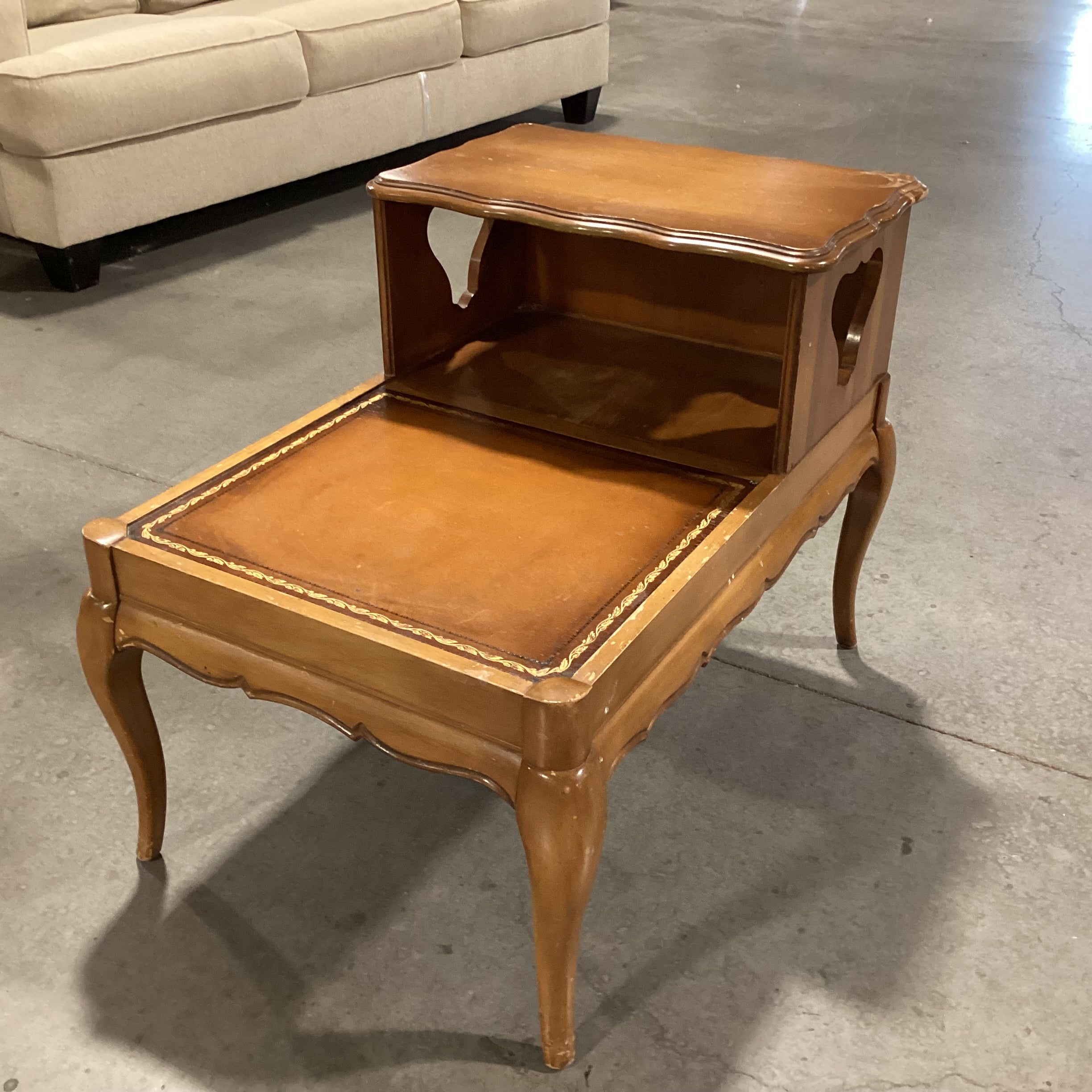 Mid Century Carved Wood & Leather Top with Cubby End Table21"x 32"x 24.5"