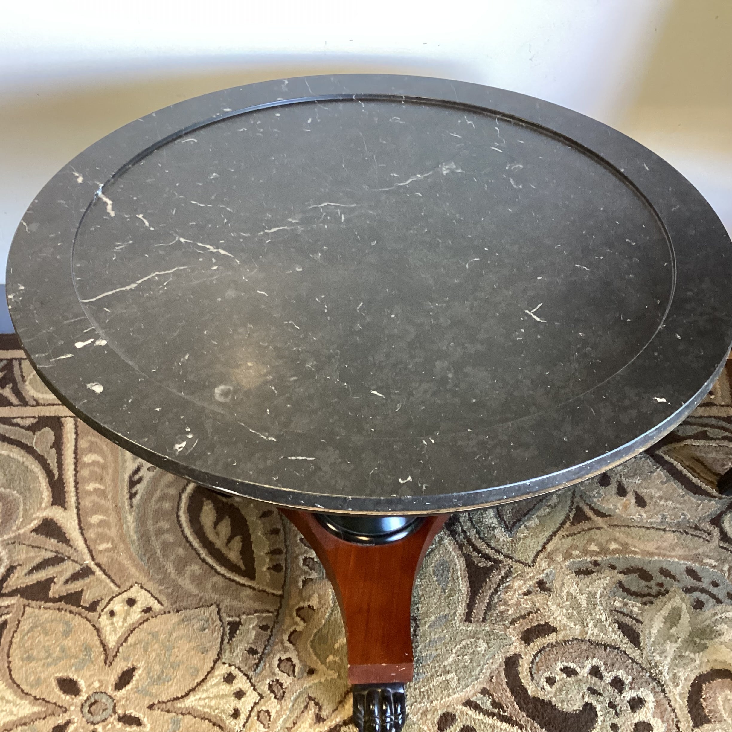 Ralph Lauren Round Black Marble Mahogany Pedestal with Carved Paw Feet Foyer Accent Table 38.5" Diameter x 28"