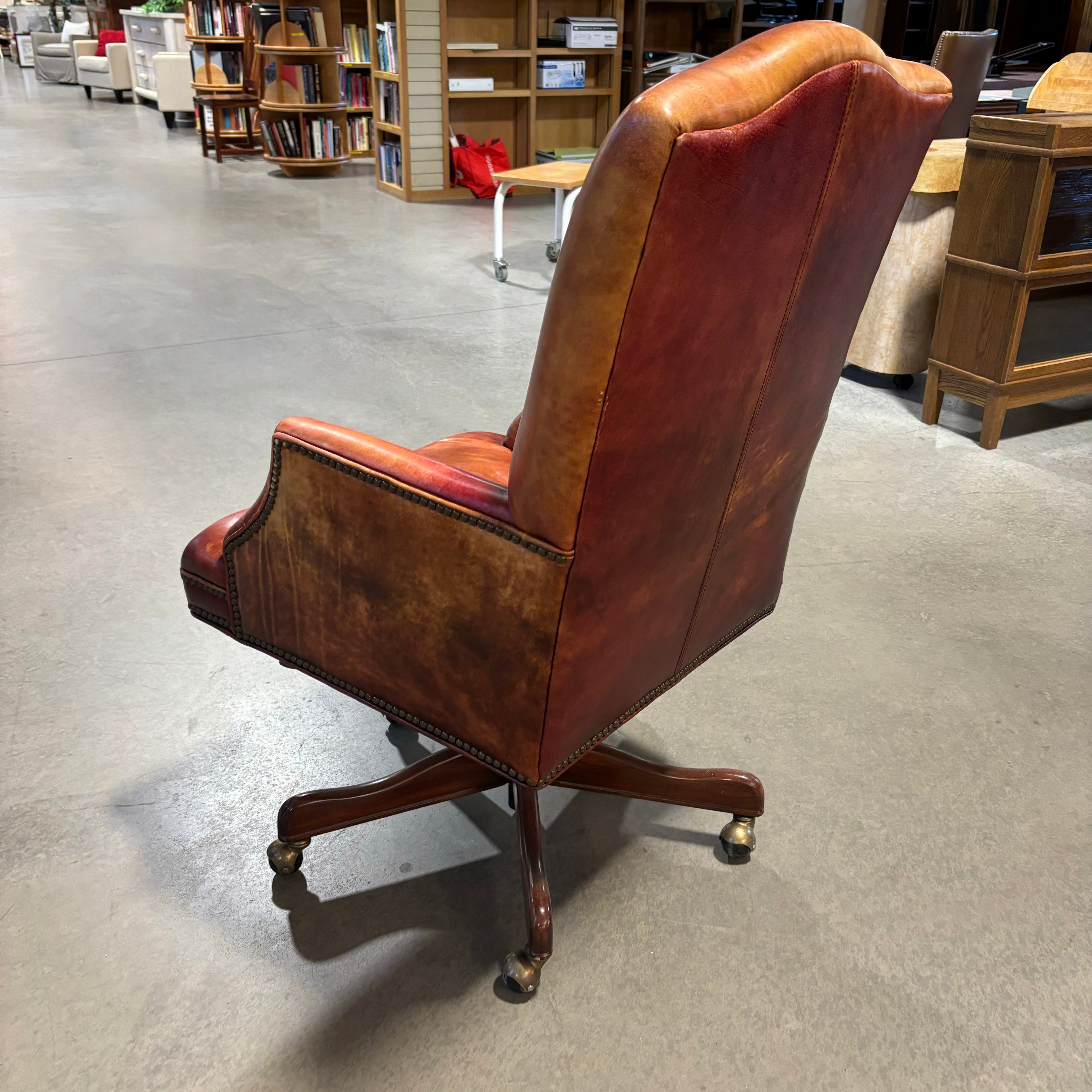 Hooker Furniture Rust Leather Nailhead with Dark Finished Wood Base Executive Office Chair 25"x 31"x 44"