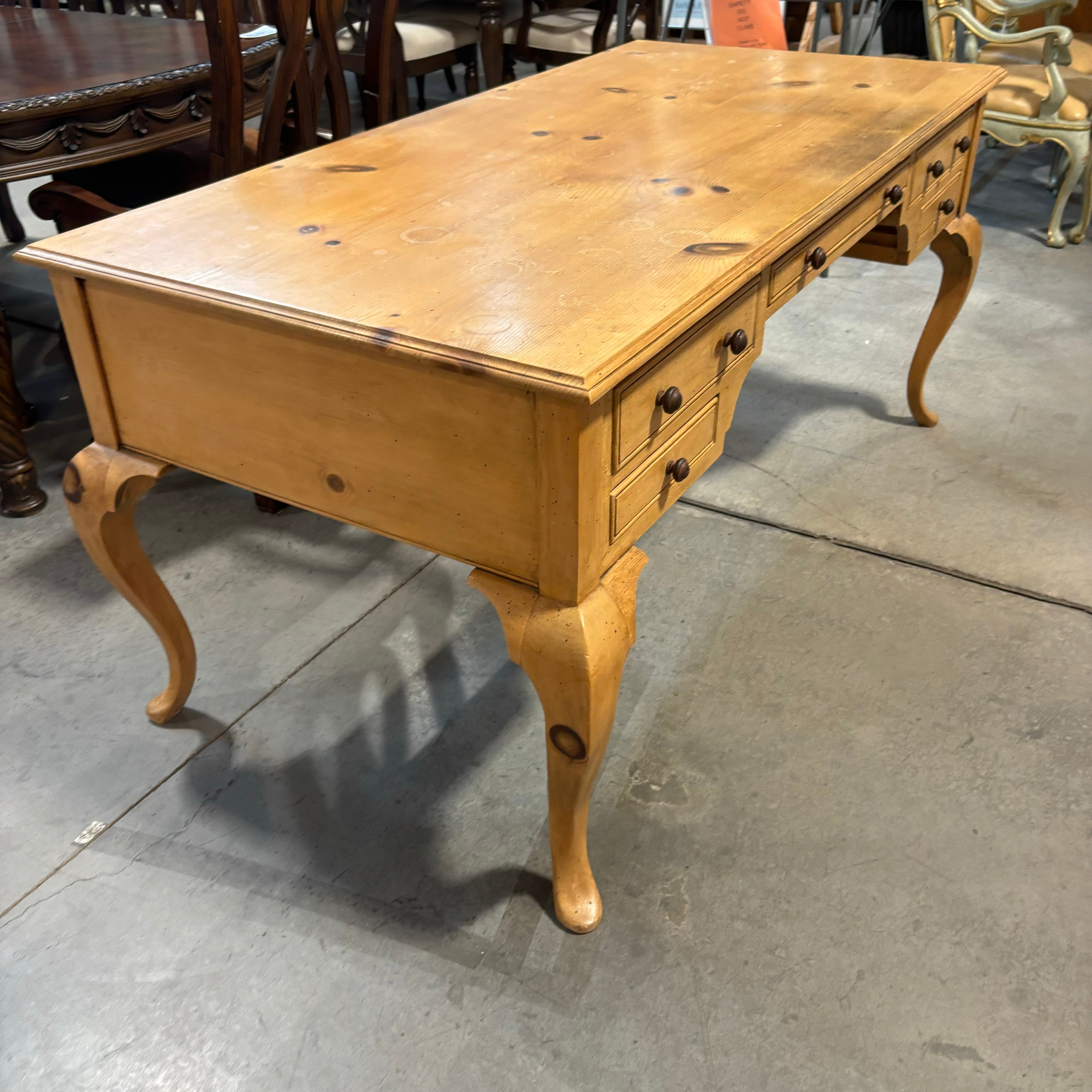 Vintage Ornate Carved Country Pine 5 Drawer Desk 66"x 33"x 30"