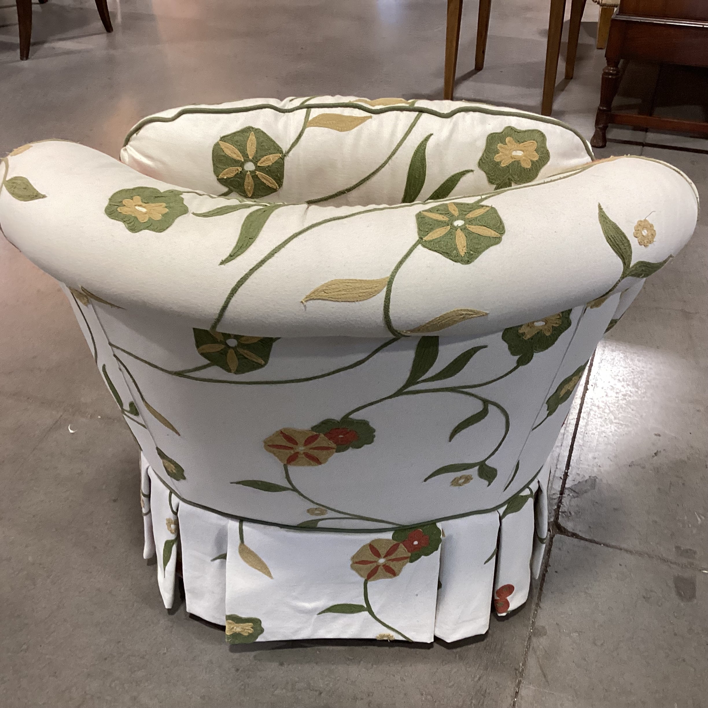 Dindy Foster Interiors Custom Cream with Embroidered Applique Green Gold Rust Floral Chair 35"x 40"x 32"