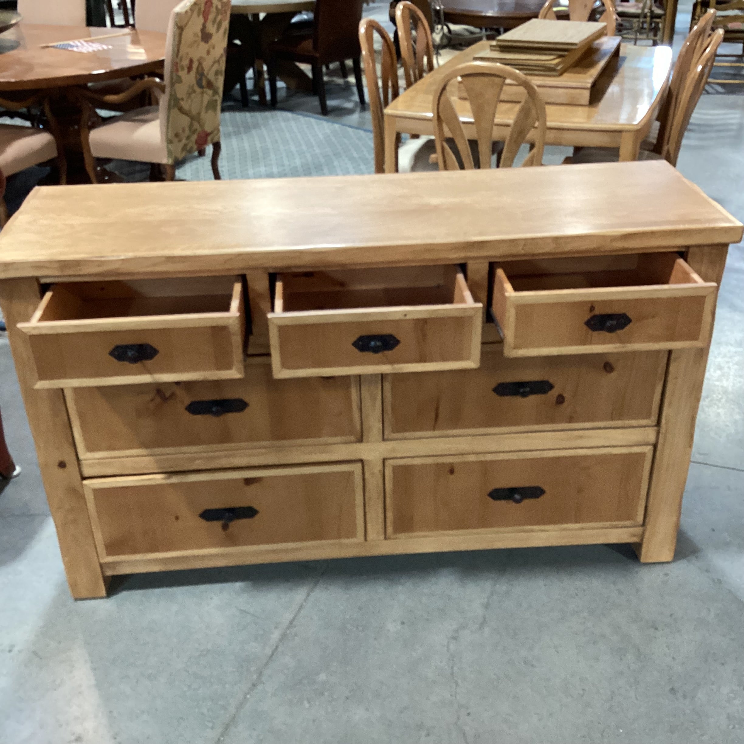 2 Tone Light Finish Solid Wood with Iron Accent 7 Drawer Dresser 64"x 19"x 38"