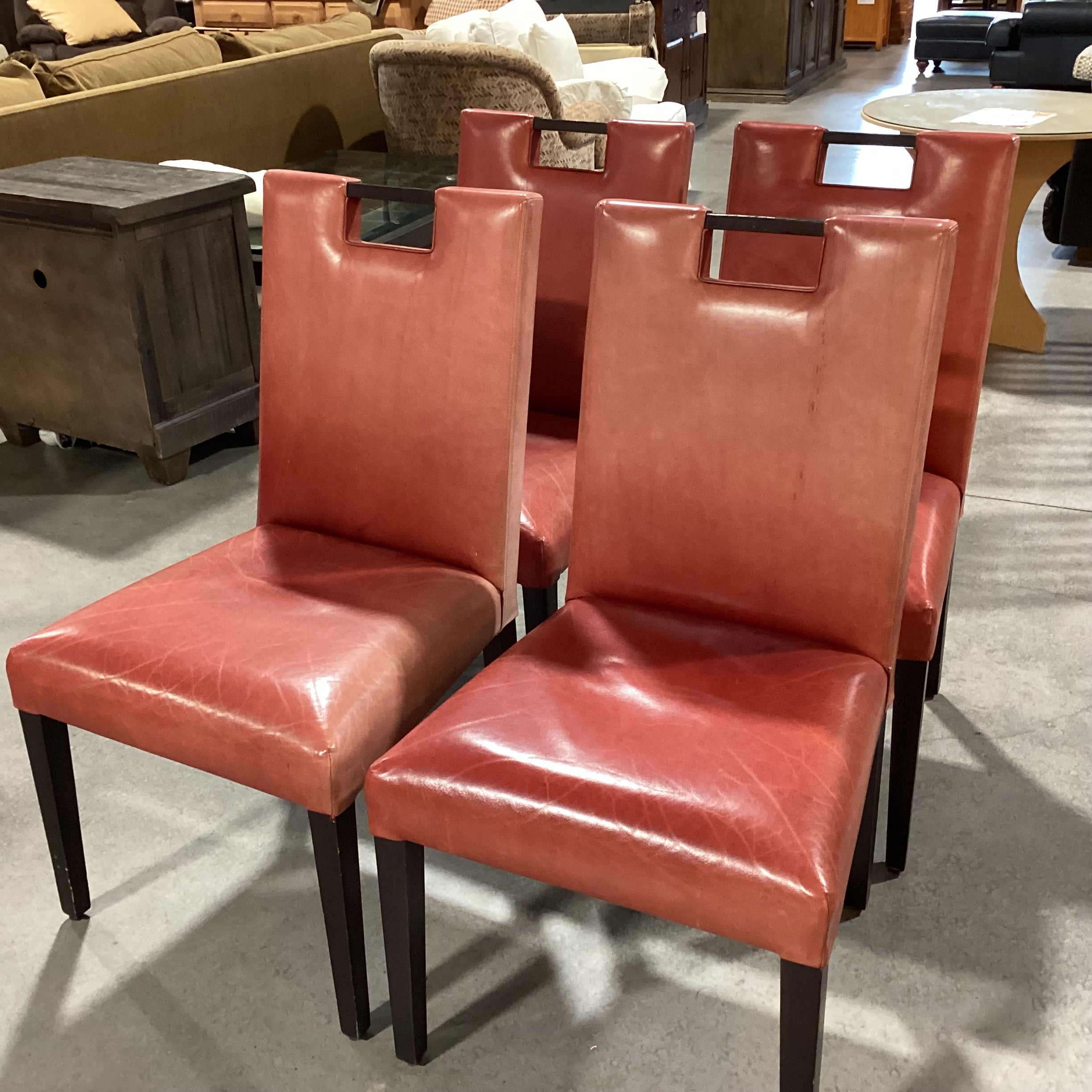 SET of 4 Adriana Hoyos Salmon Leather with Wood & Handle Back Dining Chairs 22"x 22"x 40"