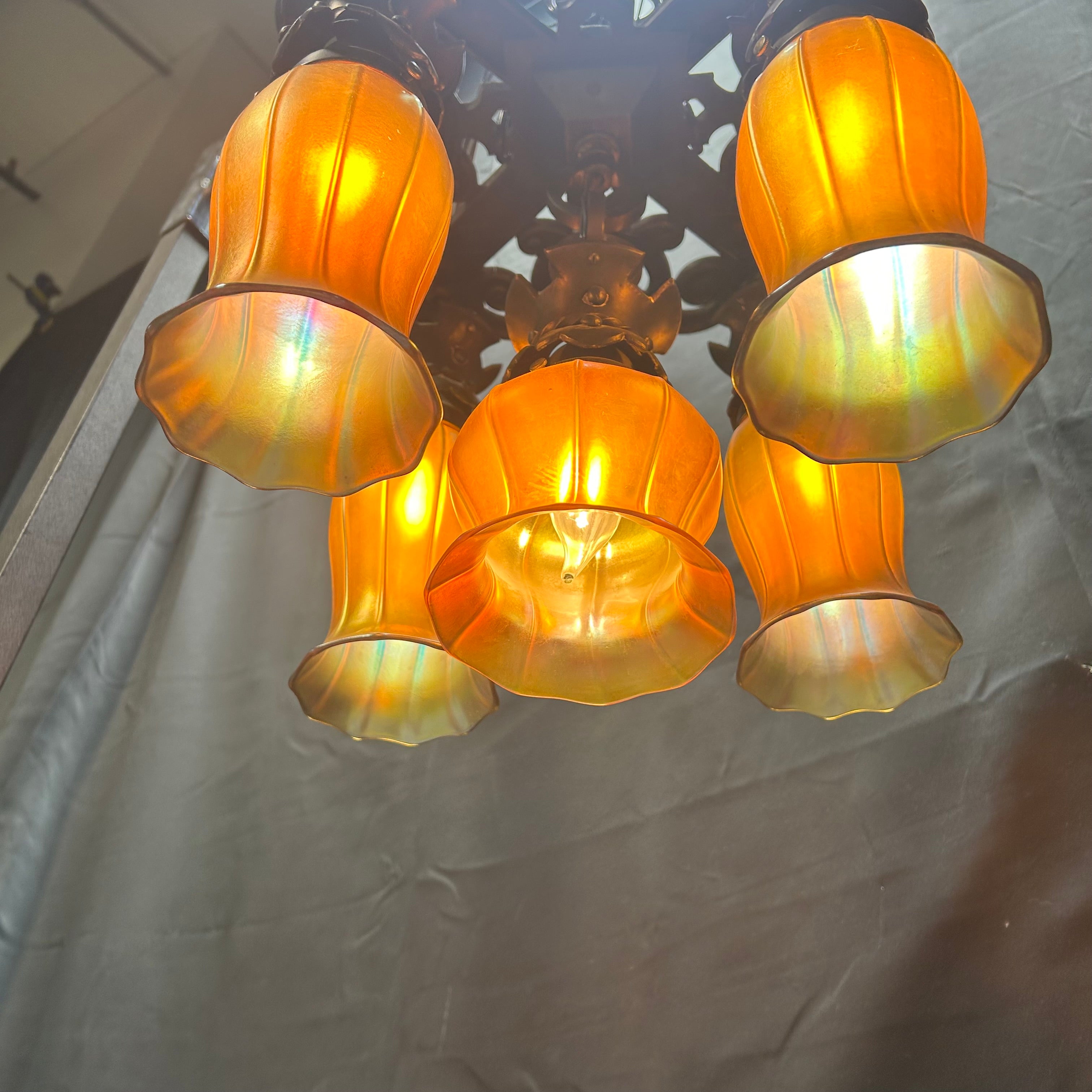 Caldwell Lighting Circa 1905 Cast Iron With 4 Steuben & 1 Quezal Iridescent Glass Shades Flush Mount 15"x 12.5"ades