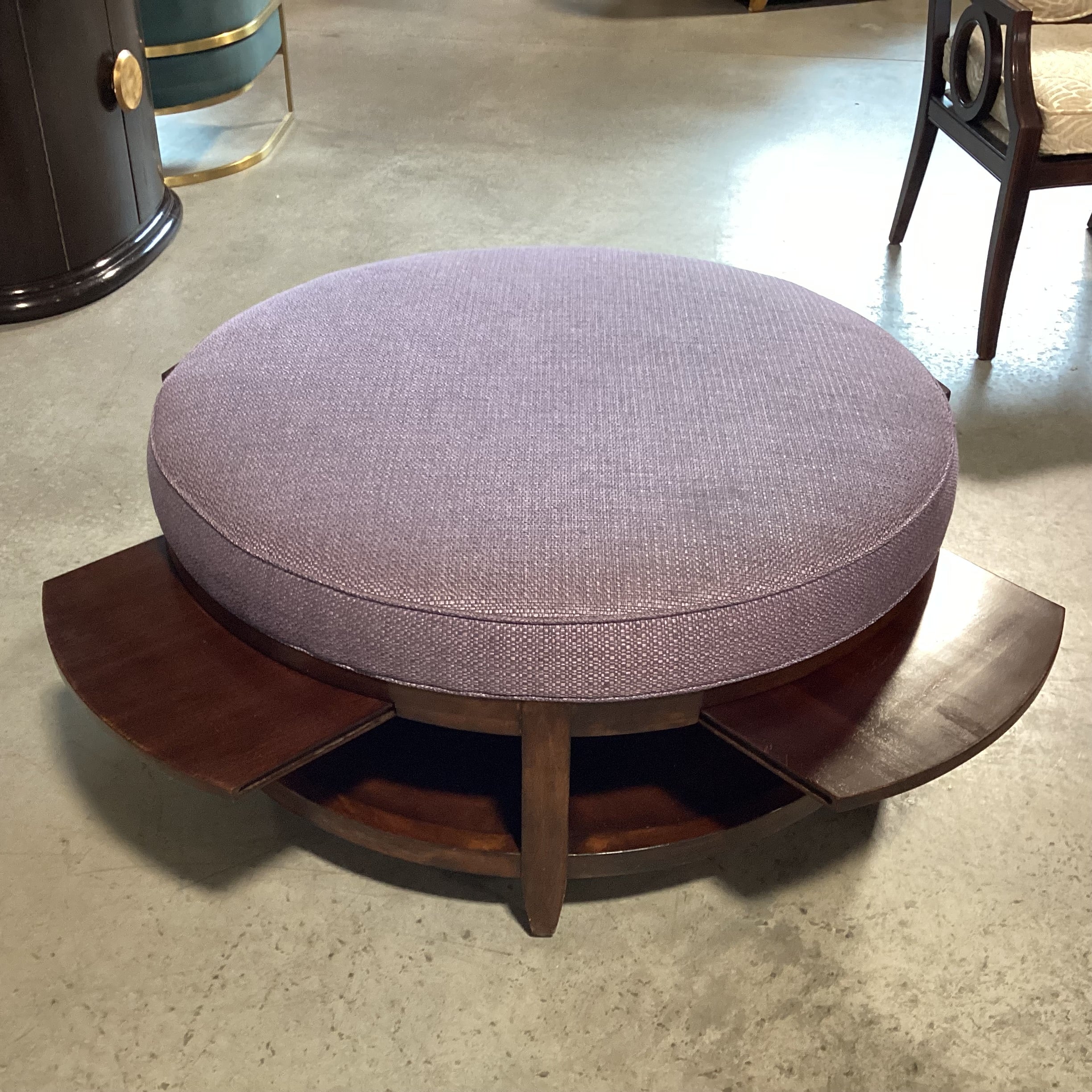 Dark Finish Wood & Plum Woven 2 Tiered with 4 Pullout Tray Sides Round Cocktail Ottoman 41" to 54" Diameter x 19"