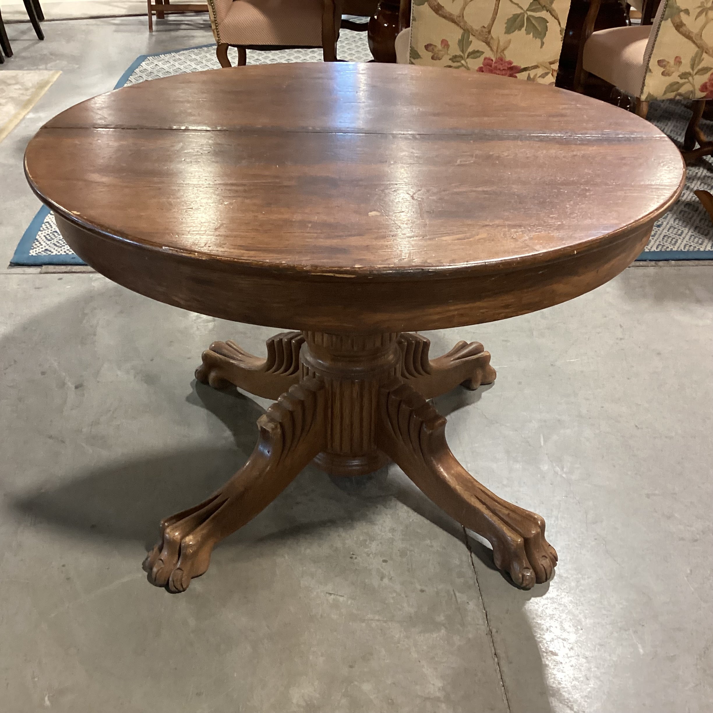 Antique Carved Oak Clawfoot Round Dining Table 42" Diameter x 28"