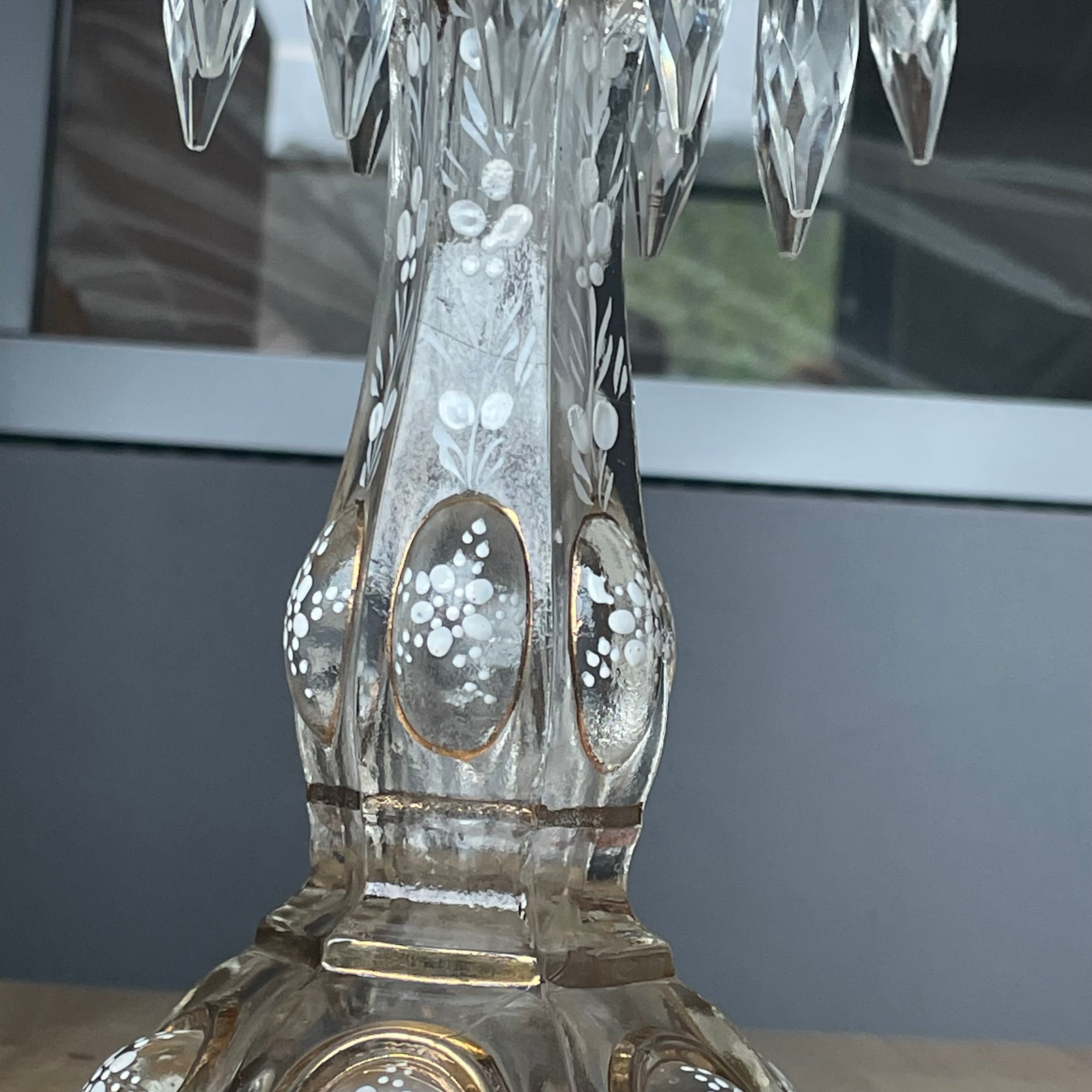 Antique 1850's Baccarat Style Gold Trim White Enamel Detail Pressed Glass Candelabras, Pair