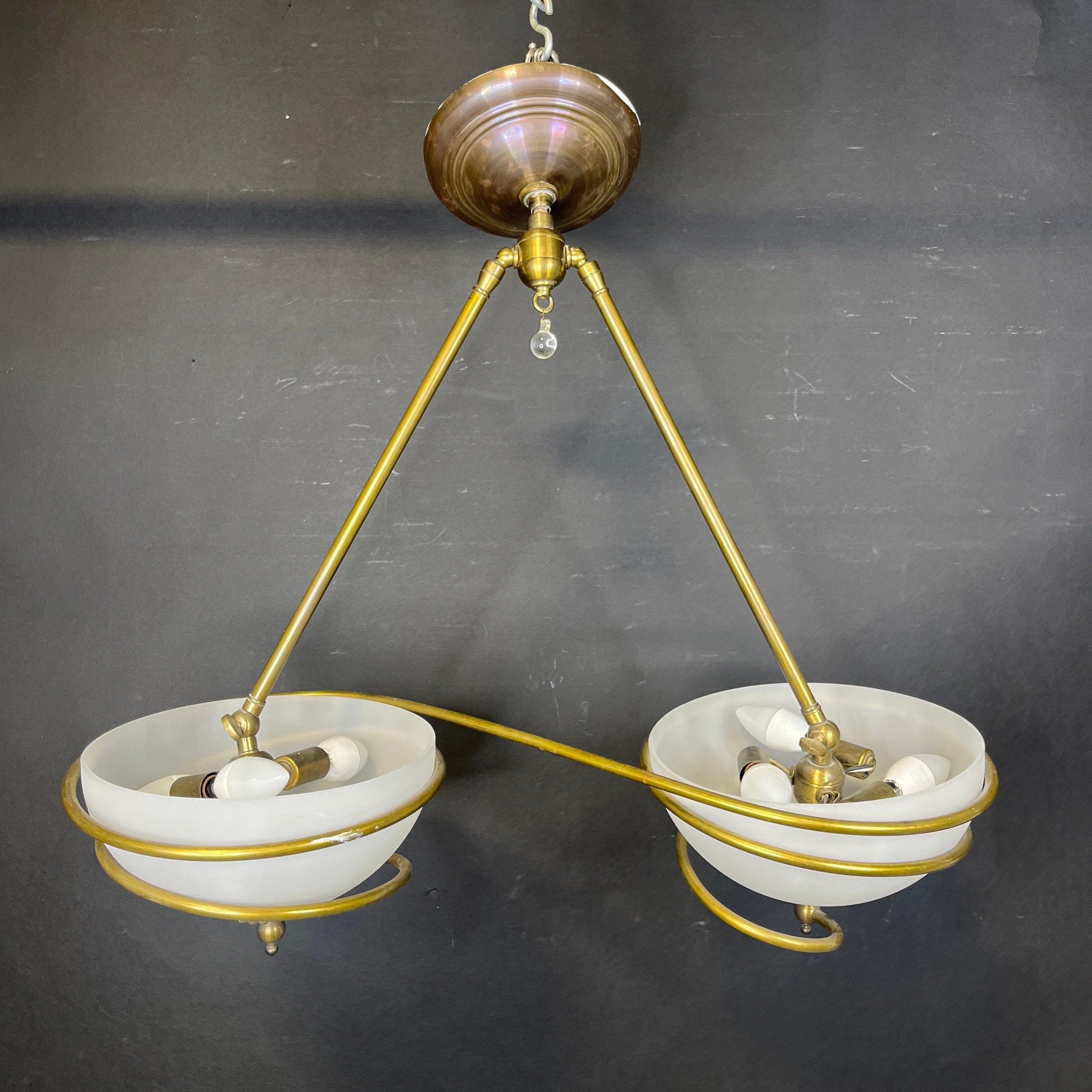 Antique Style 6-Light Ornate Swirl Brass and Plastic Linear Chandelier 28”x 11”x 26”