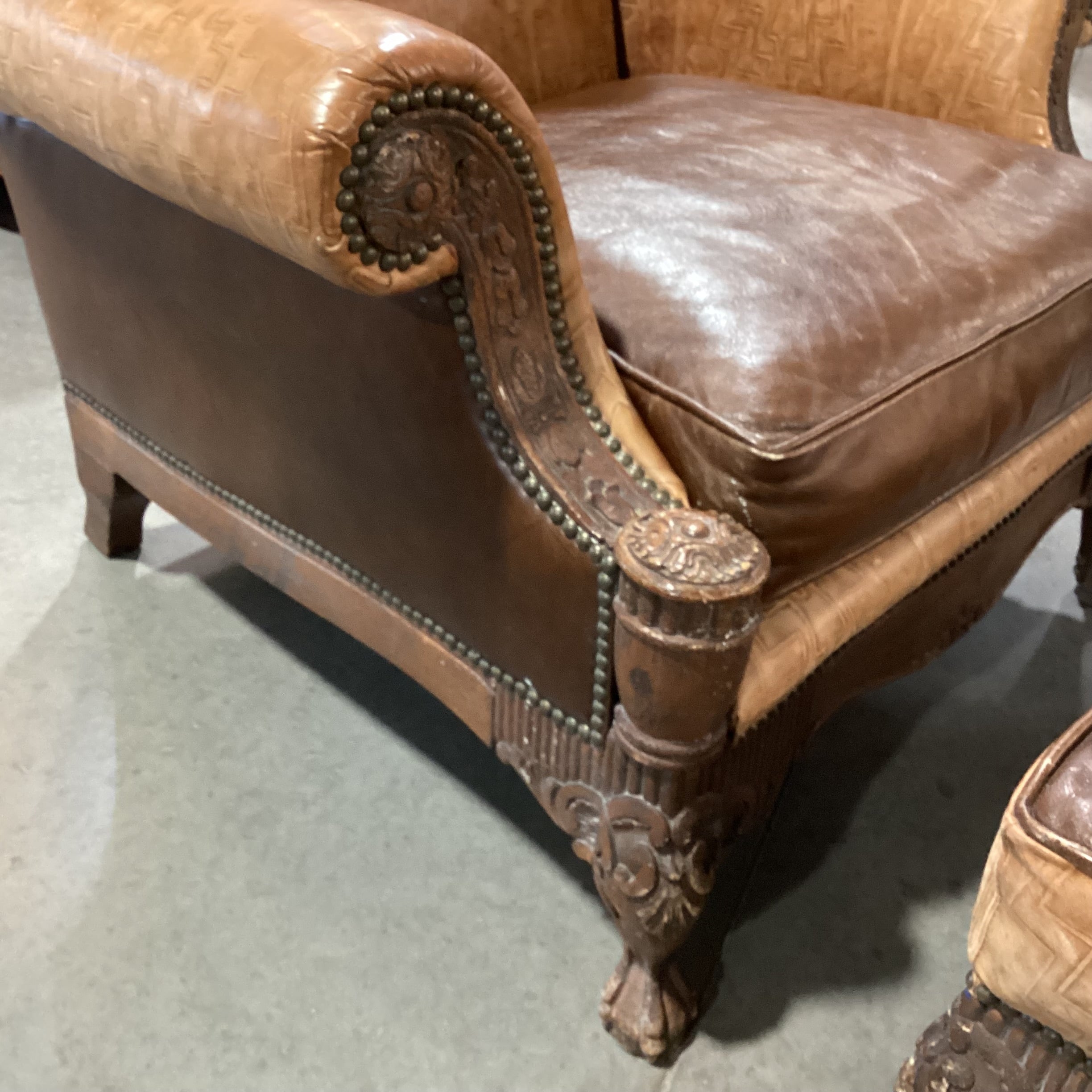 Old Hickory Tannery 2 Tone & Embossed Leather Nailhead Ornate Carved Wood with Ottoman Chair 38"x 36"x 37.5"