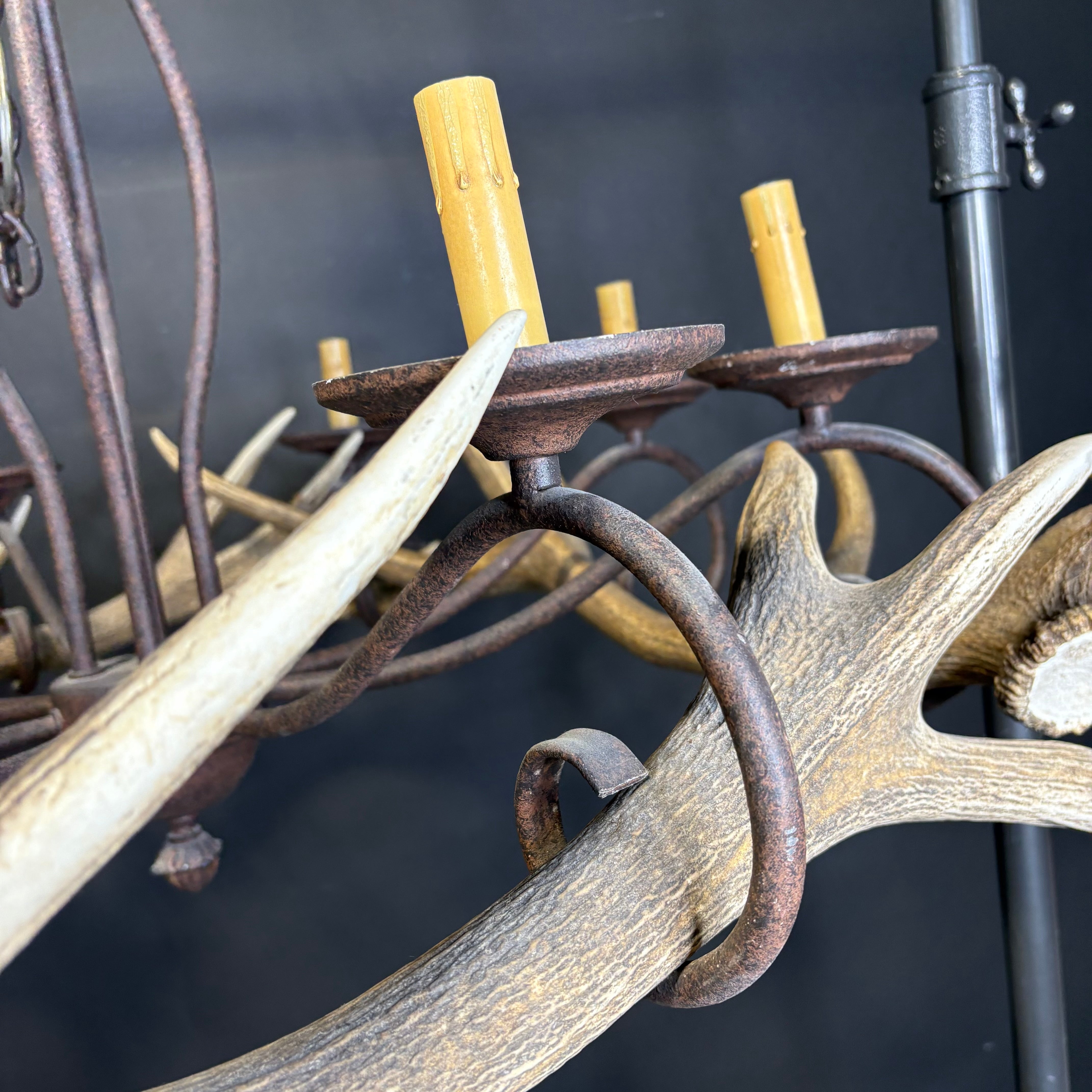 Rustic 8-Light Textured Bronze Metal with Antlers Chandelier 45” Diameter x 52”