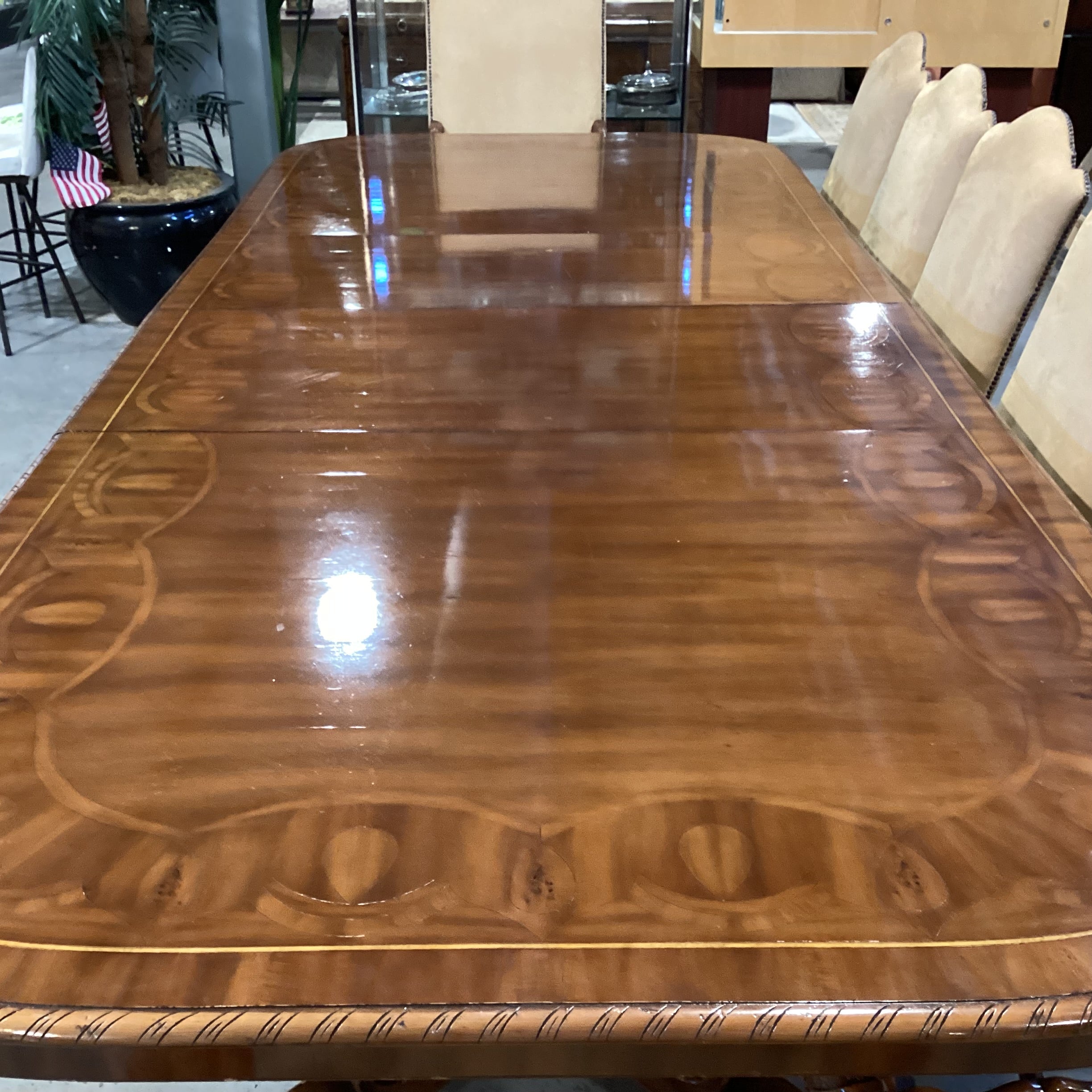 Alfonso Marina Ebanista Ornate Carved & Inlay 2 Leaves Double Pedestal Table with 12 Chairs Dining Set 142"x 60.5"x 30"