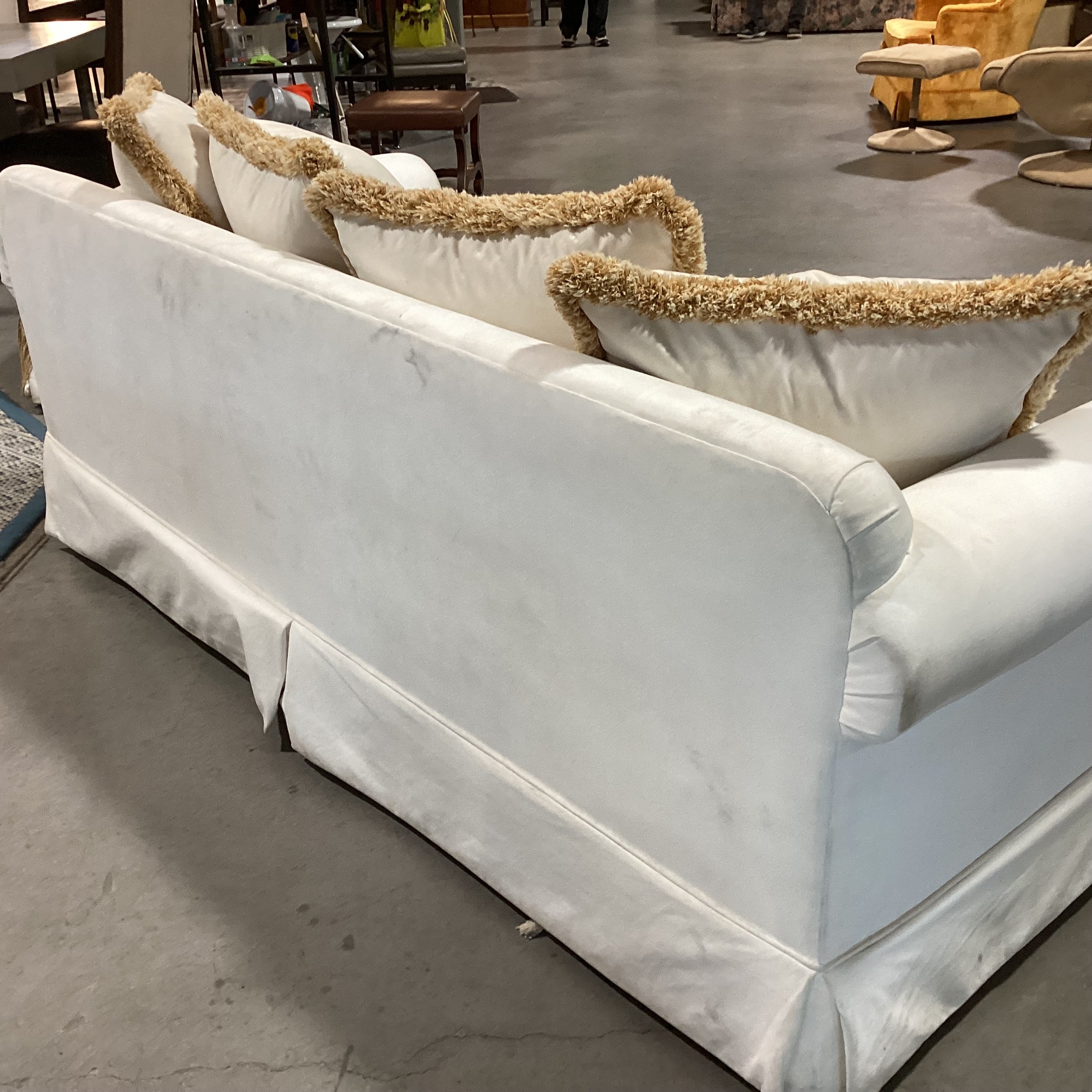 Custom Cream with Gold Tan Fringe Down Mix Roll Arm Sofa 85"x 40"x 31"
