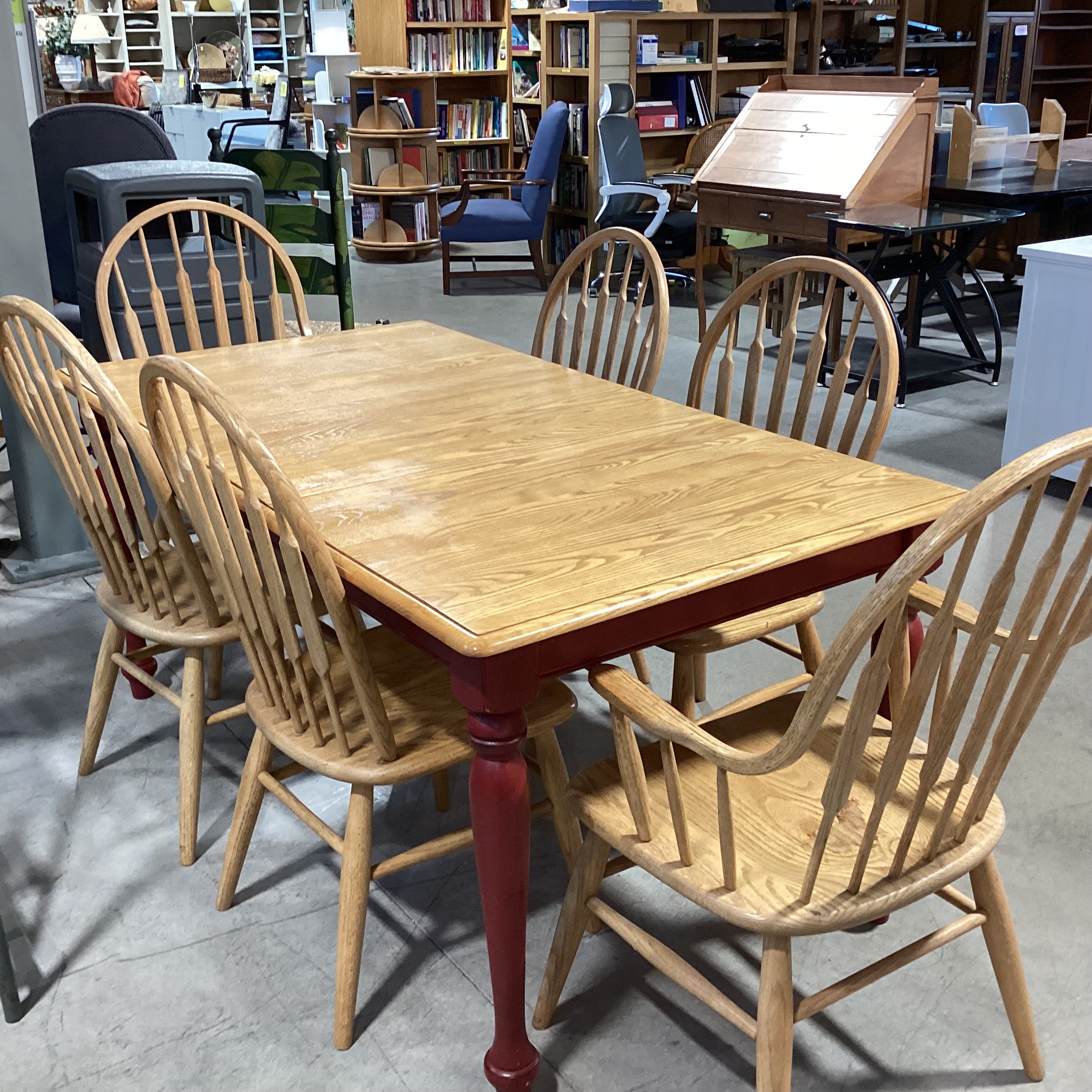 Country Oak & Red Legs 1 Leaf Table with 6 Oak Chairs Dining Set 66.5"x 36.5"x 30"