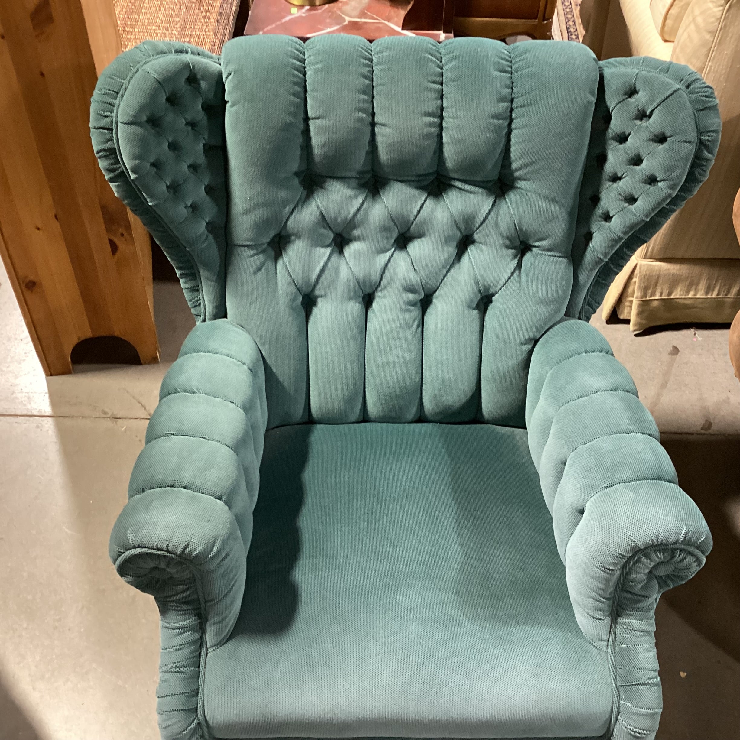 Vintage Antique Teal Tufted Winged with Ottoman Rocker Chair 34"x 36"x 39"