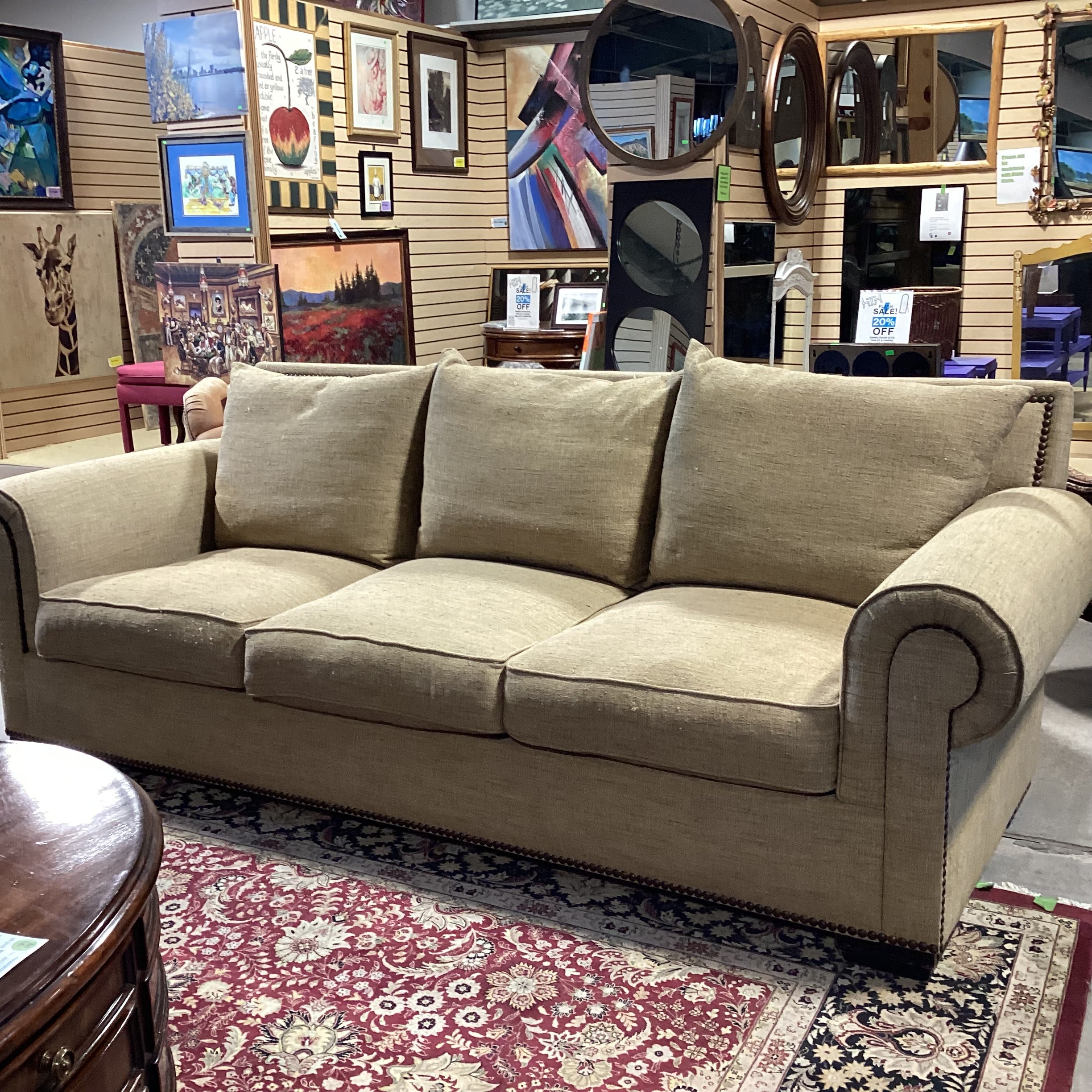 Rene Cazares Golden Tan Woven with Nailhead Down Mix Sofa 96"x 38"x 35"