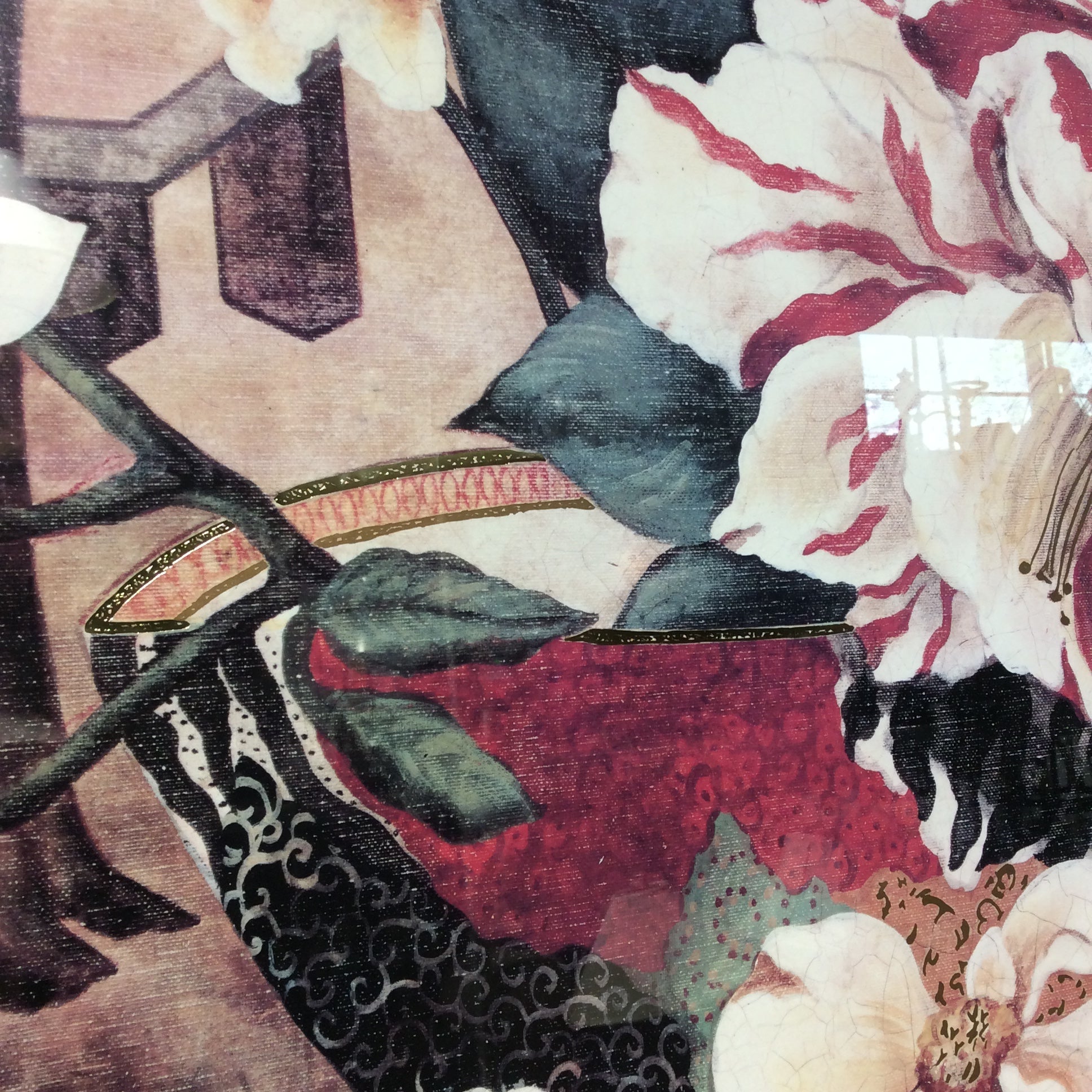 Japanese Floral Arrangement Print In Gold Plexiglass Frame 57" x 42"