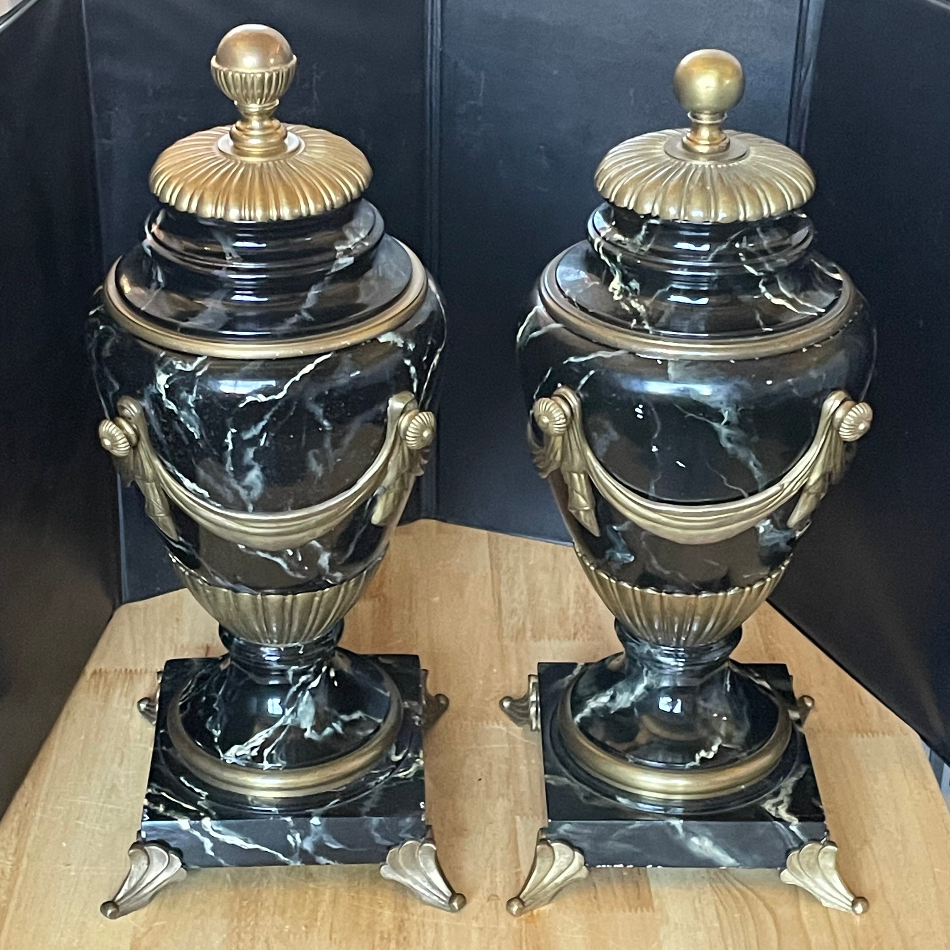 19th Century French Louis VXI Style Vert de Patricia/Blue-Veined Marble, Bronze, Ormolu Urns, Pair
