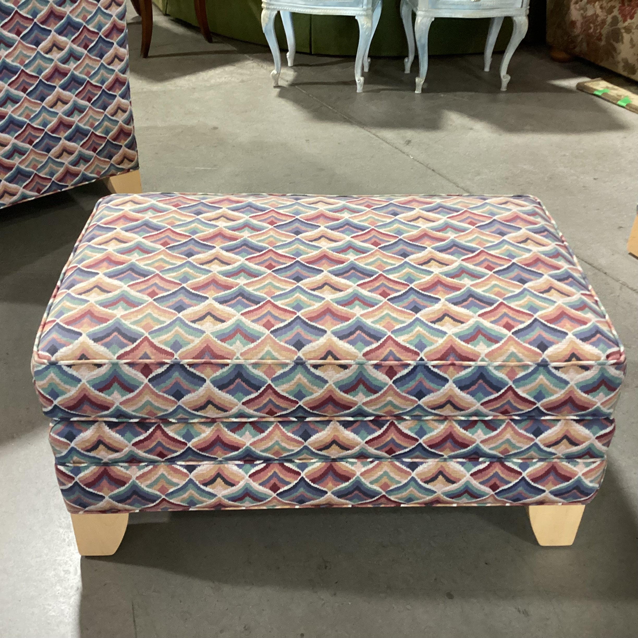 Ethan Allen Blue Red Pink Green Fan Design Ottoman 34"x 22"x 17"
