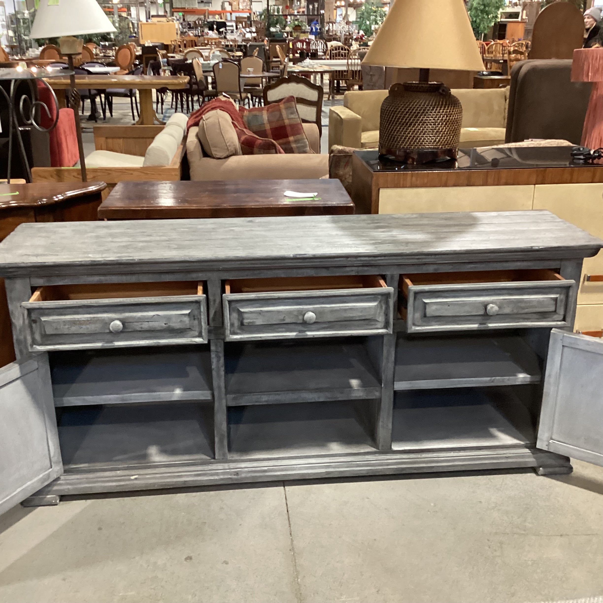 Rustic Distressed Grey Washed Wood  3 Drawer 2 Door & Shelves Console Credenza 71.5"x 17.5"x 32"