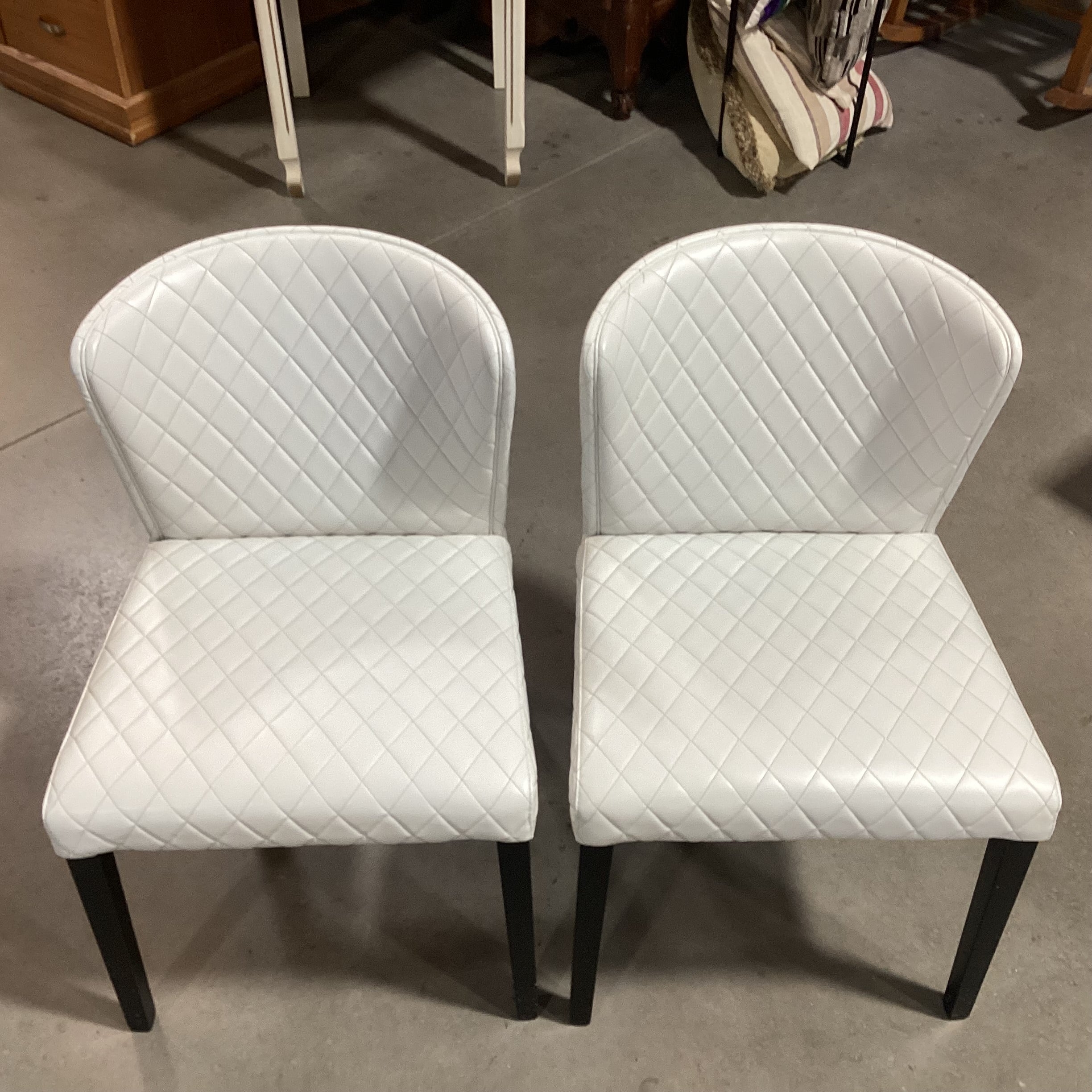 SET of 2 Crate & Barrel Curan White Quilted Faux Leather & Black Wood Dining Chairs 21"x 23"x 32"