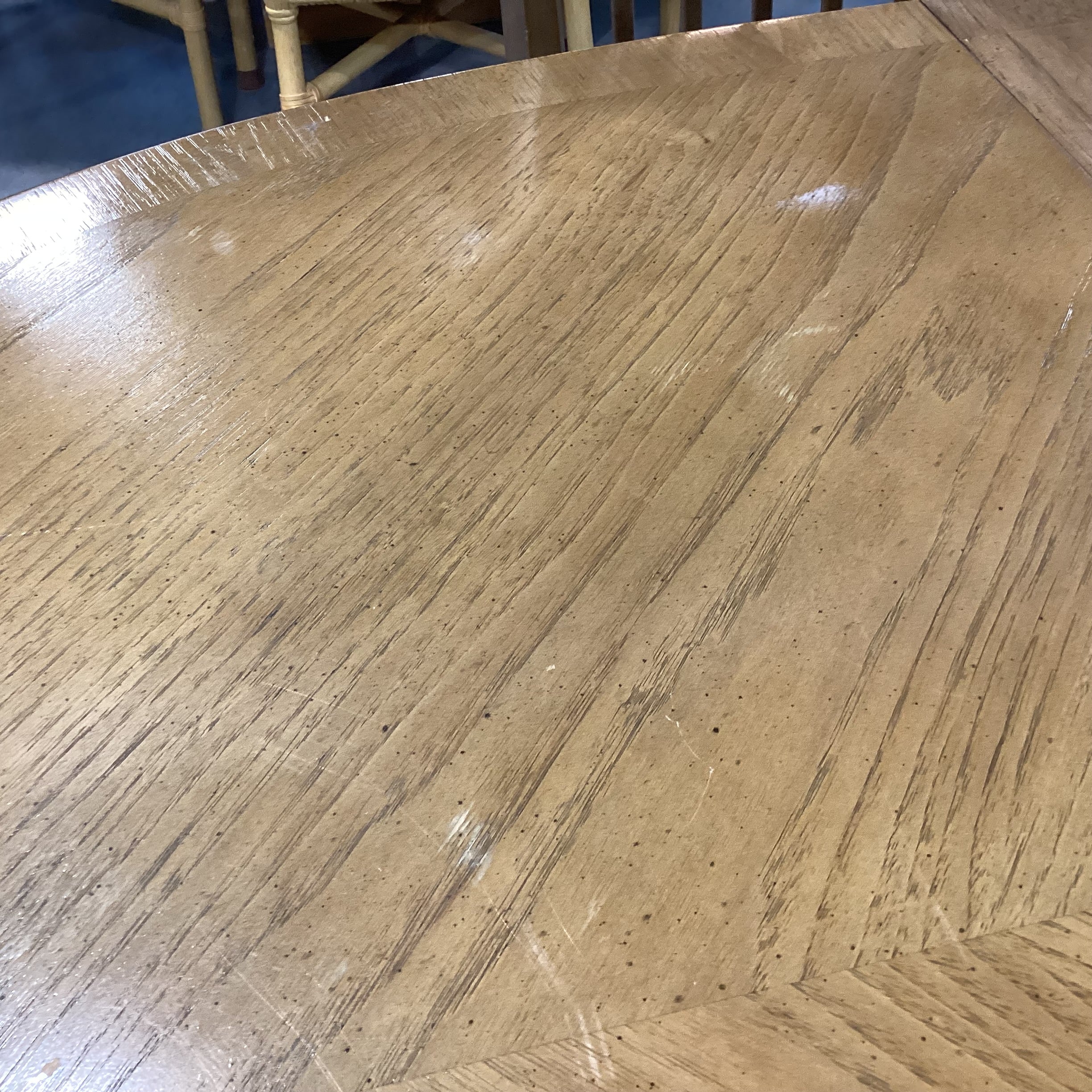 Vintage Drexel Carved Wood & Veneer 3 Leaf Table with 6 Needlepoint Chairs Dining Set 64" to 100"x 44"x 29.5"