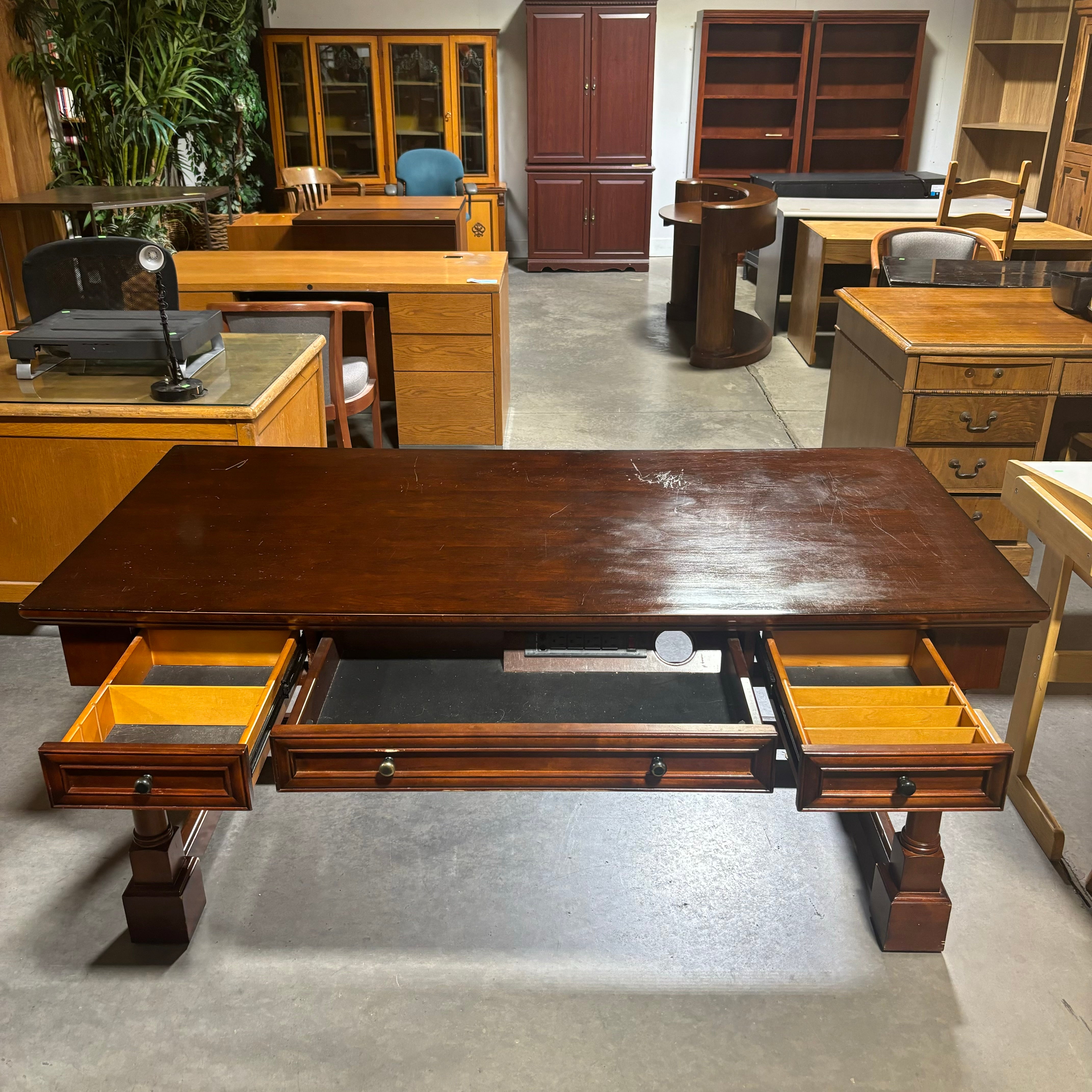 Ornate Carved Dark Finish Wood 3 Drawer with Trestle Desk 66"x 32"x 30"