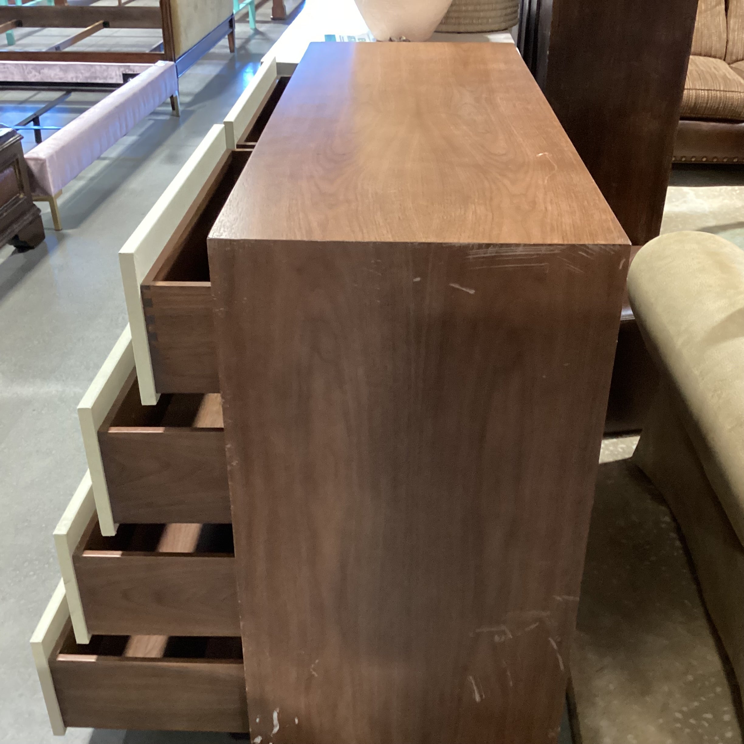 Finished Wood With Cream Faux Leather 8 Drawer Dresser 54"x 22"x 42"