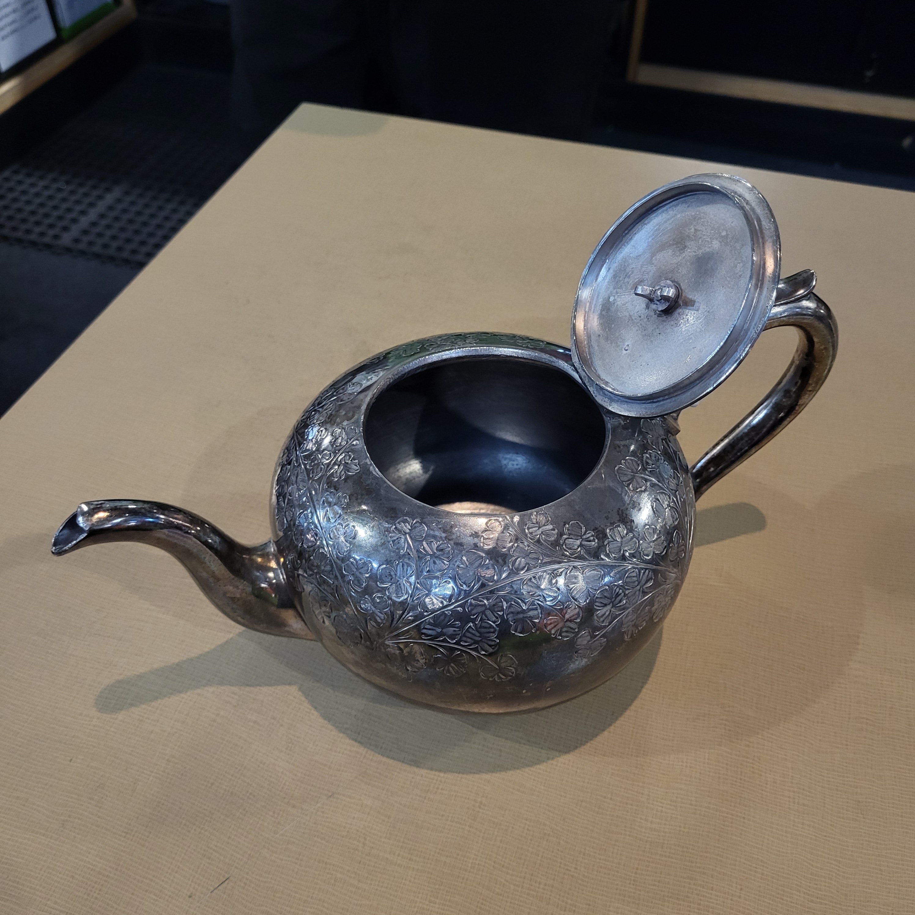 Set of 3 Pcs. Antique British Silverplated Etched Clovers Tea Set