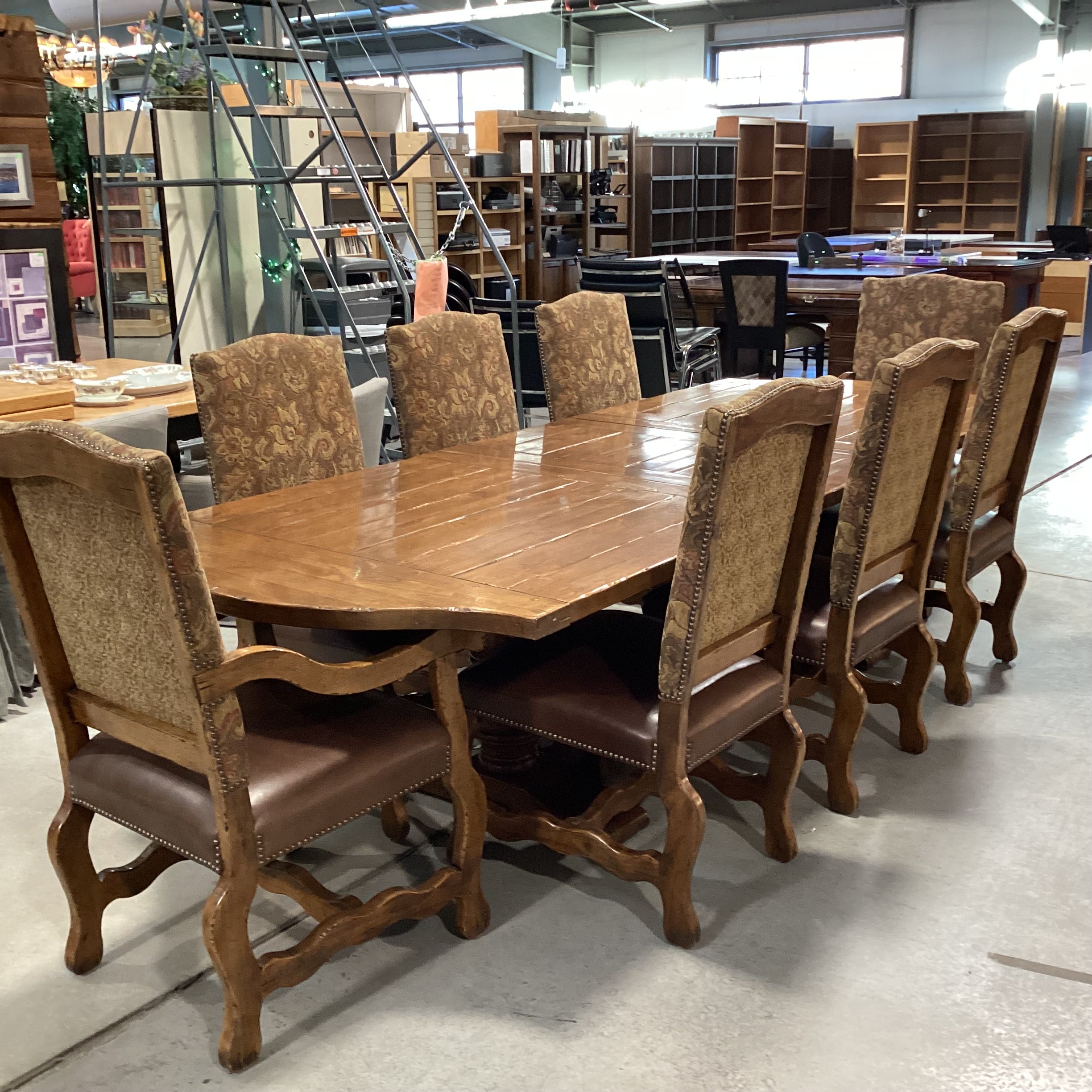 Distressed Finished Wood with Leaf & 8 Carved Wood Leather & Upholstery Chairs Dining Set 120"x 44"x 30"