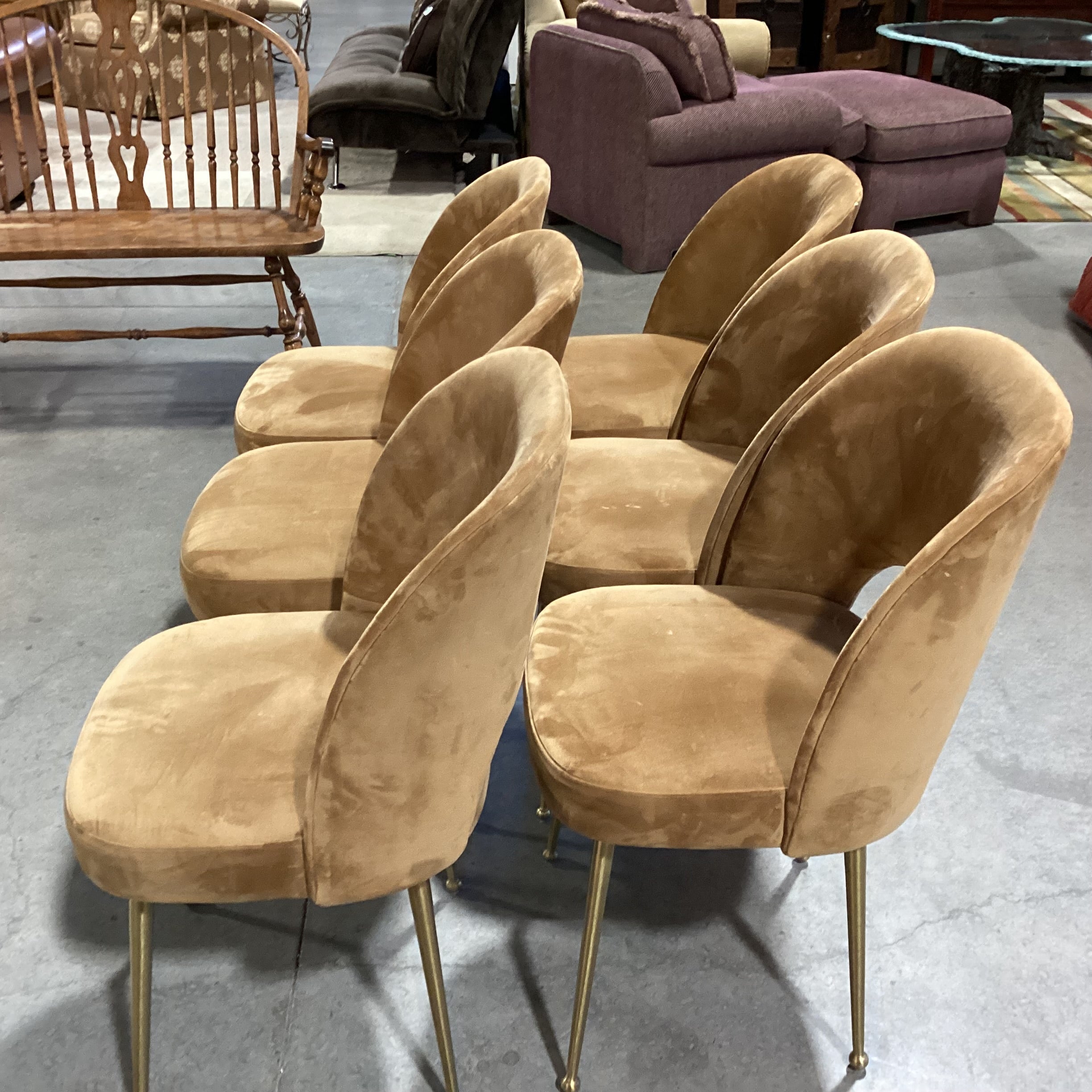 Set of 6 TOV Swell Performance Cognac Velvet & Gold Metal Dining Chairs 18.5"x 21"x 33.5"