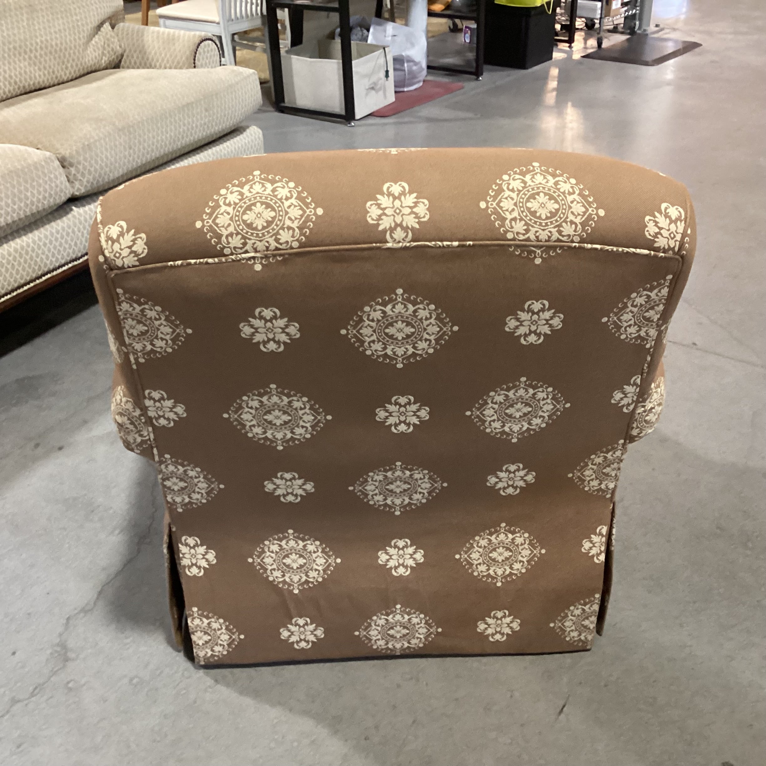 Kravet Furniture Custom Brown with Gold Floral Medallion Swivel Chair 36"x 36"x 36"