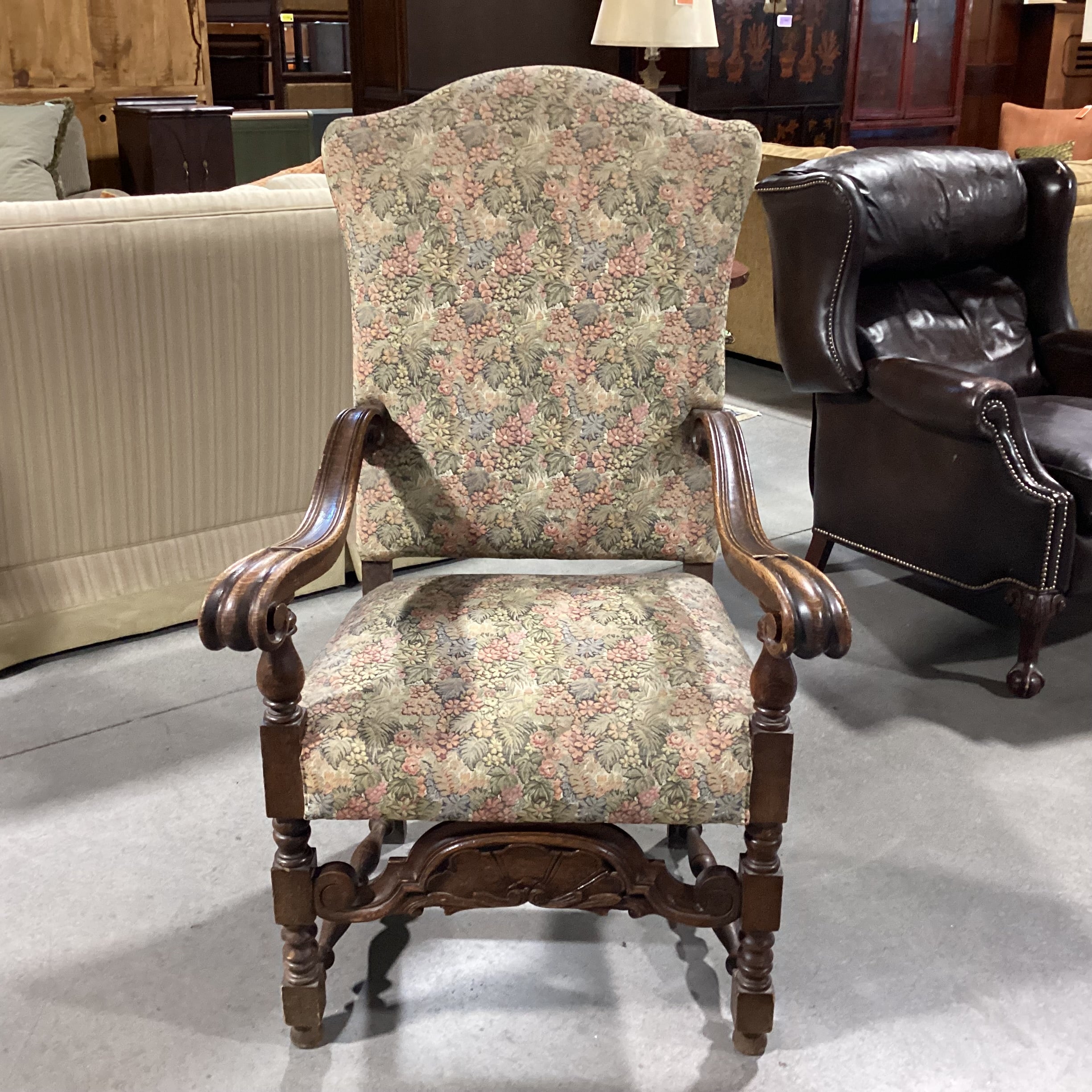Antique Ornate Carved Oak & Sage Pink Floral Upholstered Chair 30"x 28"x 49"