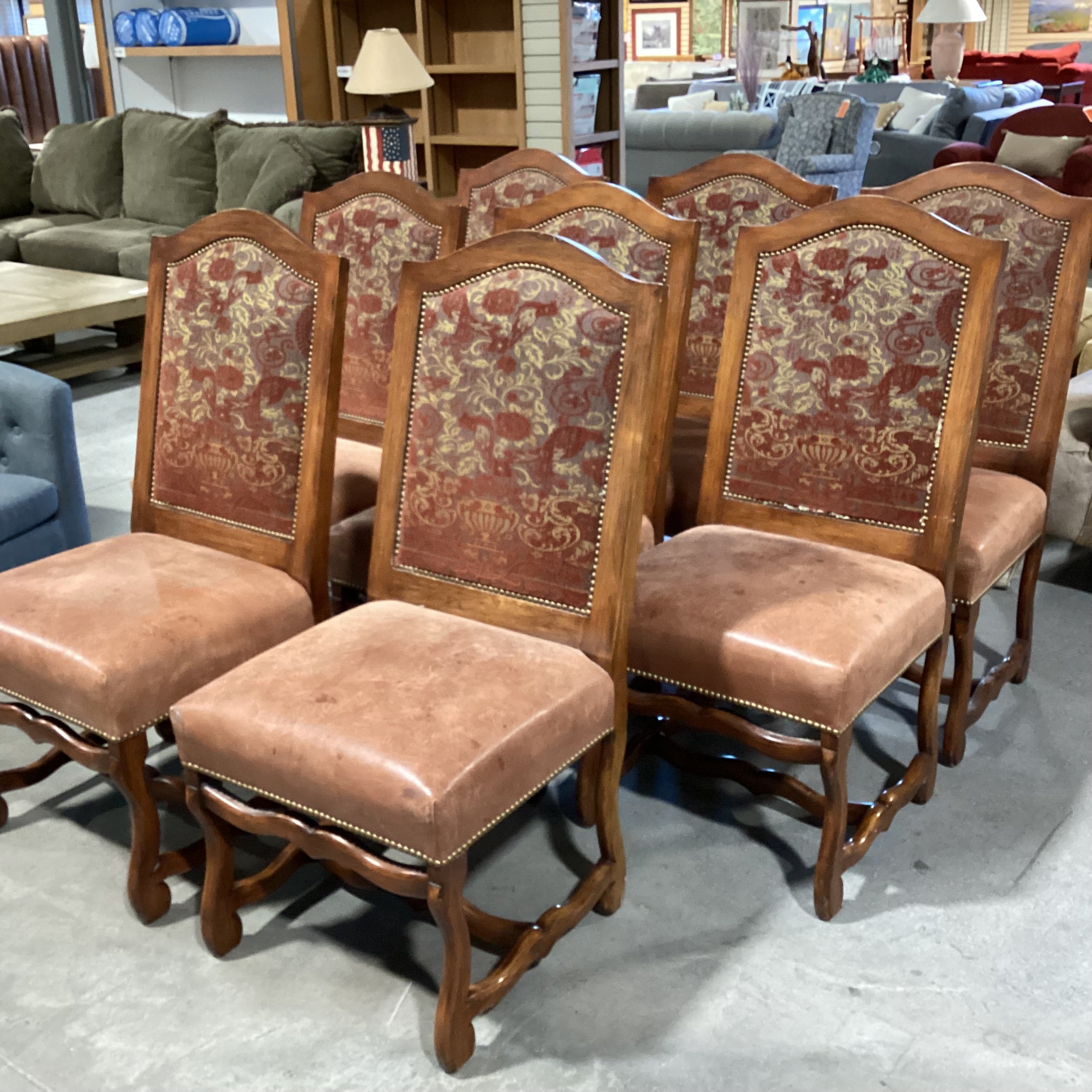 SET of 8 Gina B Custom Carved Wood Leather & Upholstery Nailhead Dining Chair 22"x 24"x 43"