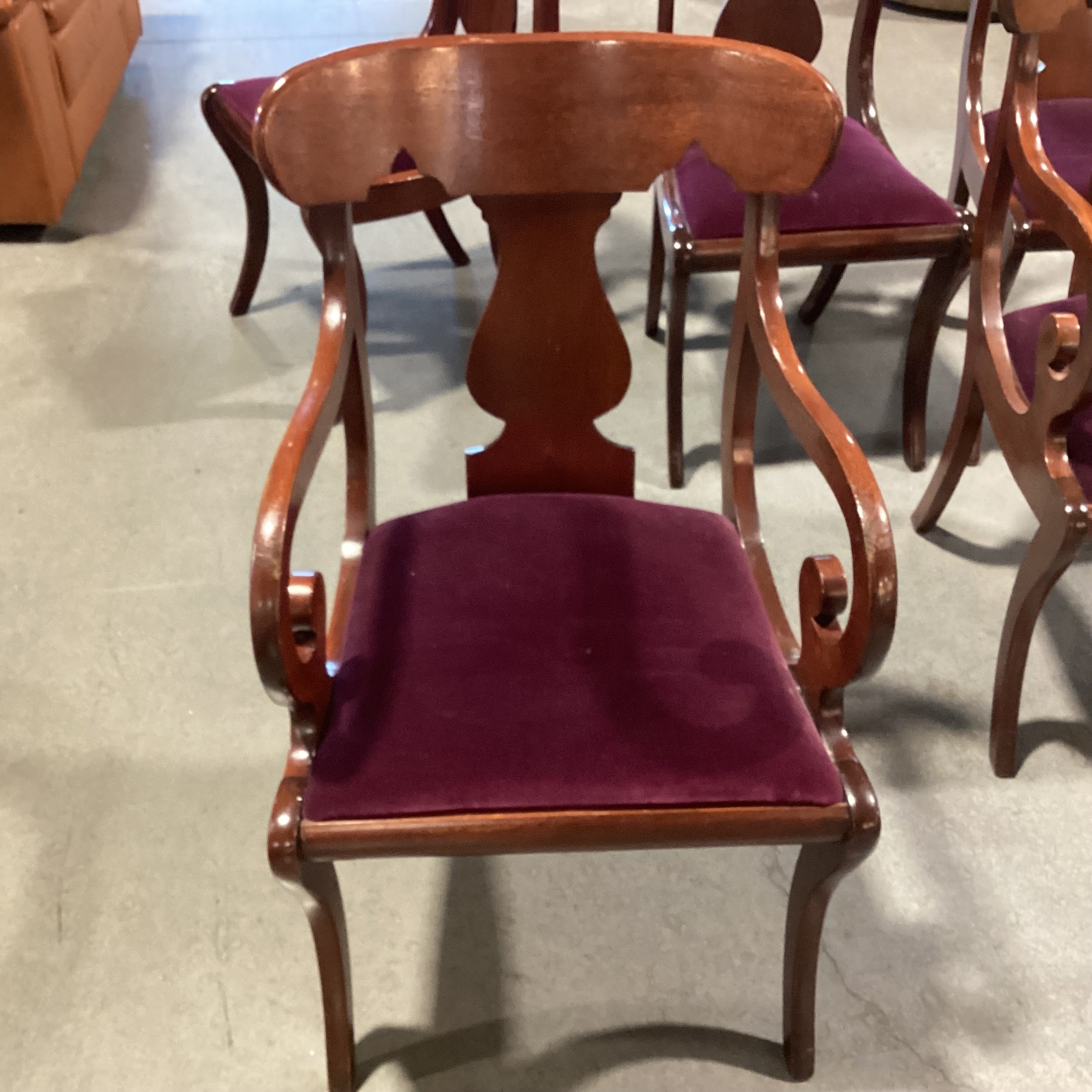 SET of 5 Vintage Scroll Arm & Eggplant Velvet Dining Chairs 21"x 21"x 36"