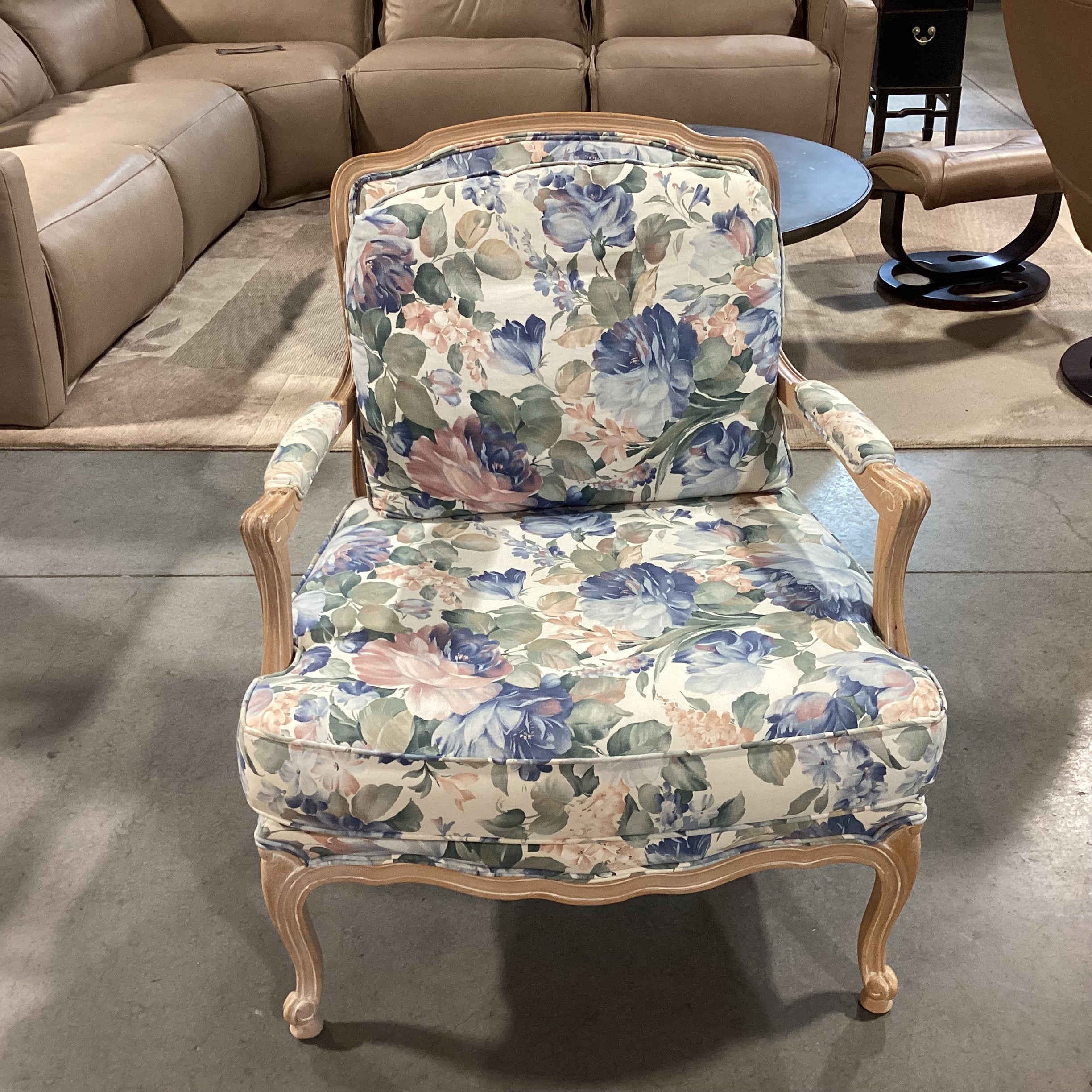 White Washed Carved Wood & Blue Floral Chair 30"x 32'x 35"