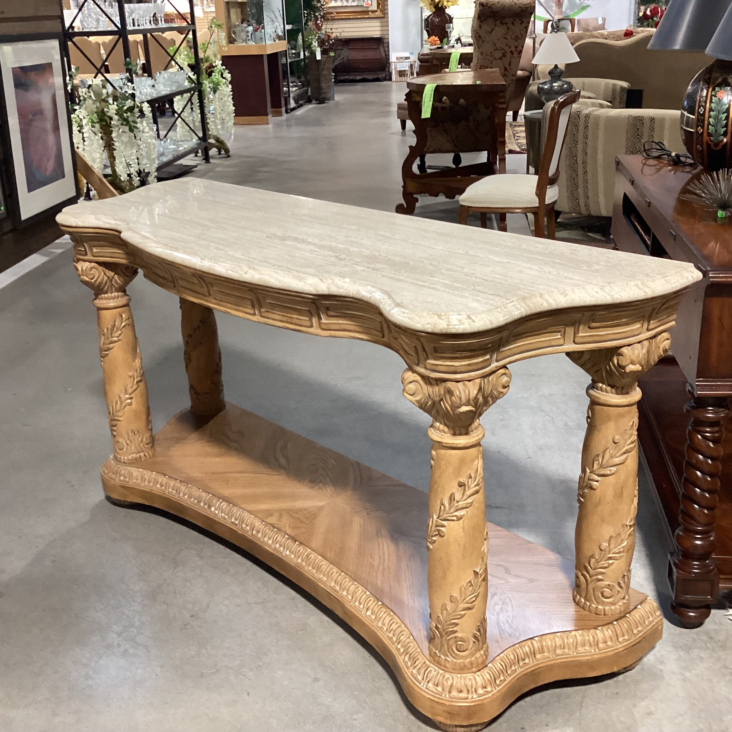 Bernhardt Athena Collection Ornate Carved Light Finish & Travertine Style Stone Console Sofa Table 66"x 21"x 34"